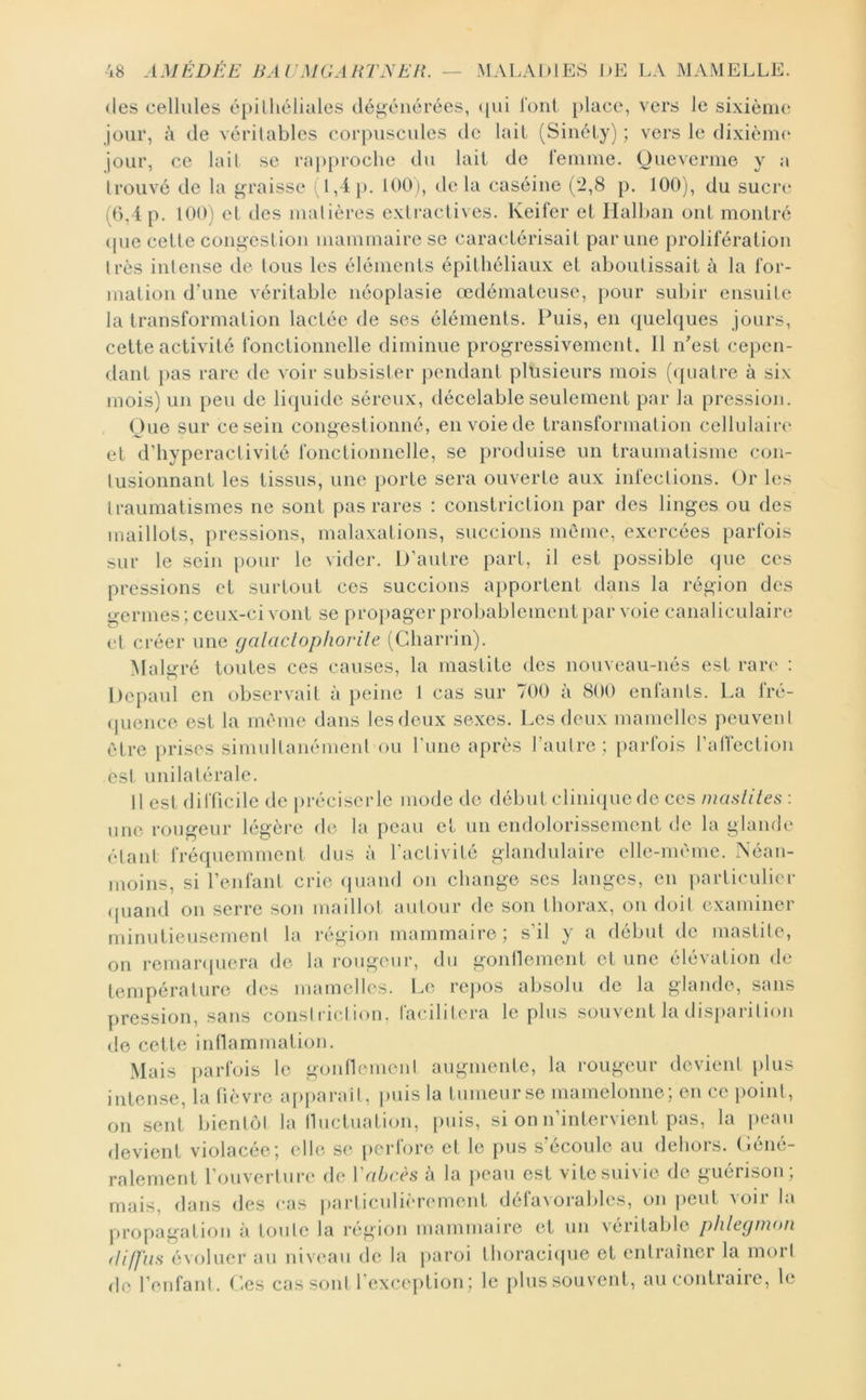 (les cellules é[)illiéliales dégénérées, (|ui lont place, vers le sixiènu^ jour, à de vérilablcs corpuscules de lait (Sinéty) ; vers le dixième* jour, ce lait se rnp[)roche du lait de l’emme. Oueverme y a trouvé de la graisse (1,4 [). 100), delà caséine (2,8 p. 100), du sucre (0,4 p, 100) el des malières extractives. Keifer et Halbaii ont montré (pie celte congestion mammaire se caractérisait par une prolifération très intense de tous les éléments épithéliaux et aboutissait à la for- mation d’une véritable néoplasie œdémateuse, [)Our subir ensuite la transformation lactée de ses éléments. Puis, en {juekjues jours, celte activité fonctionnelle diminue progressivement. 11 n’est cepen- dant pas rare de voir subsister pendant plusieurs mois ((juatre à six mois) un peu de liquide séreux, décelable seulement par la pression. One sur ce sein congestionné, en voie de transformation cellulairi* et d’hyperactivité fonctionnelle, se produise un traumatisme con- tusionnant les tissus, une porte sera ouverte aux infections. Or les traumatismes ne sont pas rares : constriction par des linges ou des maillots, pressions, malaxations, succions meme, exercées parfois sur le sein pour le vider. D’autre part, il est possible que ces pressions et surtout ces succions a})portent dans la région des germes; ceux-ci vont se pro})ager probablement par voie canaliculaire et créer une galaclopliorile (Cliarrin). Malgré toutes ces causes, la mastite des nouveau-nés est rare : Depaul en observait à peine l cas sur 700 à 800 enfants. La fré- (pience est la même dans les deux sexes. Les deux mamelles peuvent être })rises simultanémeid ou rime après l’autre; parfois l’alfection est unilatérale. Il est difficile de préciser le mode de début clini(pie de ces niasliles : une rougeur légère de la peau el un endolorissement de la glande étant fréquemment dus à l'activité glandulaire elle-même. Néan- moins, si l’enfant crie (juand on change scs langes, en particulier (juand on serre son maillot autour de son thorax, on doit examiner minutieusement la région mammaire; s’il y a début de mastite, on remanpiera de la rougeur, du gontlement et une élévation de température des mamelles. Le rejios absolu de la glande, sans pression, sans consI ricl ion, facilitera le plus souvent la disparition de cette inflammation. Mais parfois le gonnemeni augmente, la rougeur devient plus intense, la fièvre af)})arait, puis la tumeurse mamelonné; en ce jioinl, on sent bientôt la Ilucluation, puis, si on n’intervient pas, la iieaii devient violacée; elle se perfore et le pus s’écoule au dehors, (iéné- ralement l’ouverture de Vabcès à la peau est vite suivie de guérison; mais, dans des cas j)articulièrement défavorables, on lient voir la propagation ii toute la riîgion mammaire et un \éiitable plilcgnio/i diffus évoluer au niveau de la paroi thoraciipie et entraîner la mort lie l’enfant. Les cas sont l’exception; le plus souvent, au contraire, le