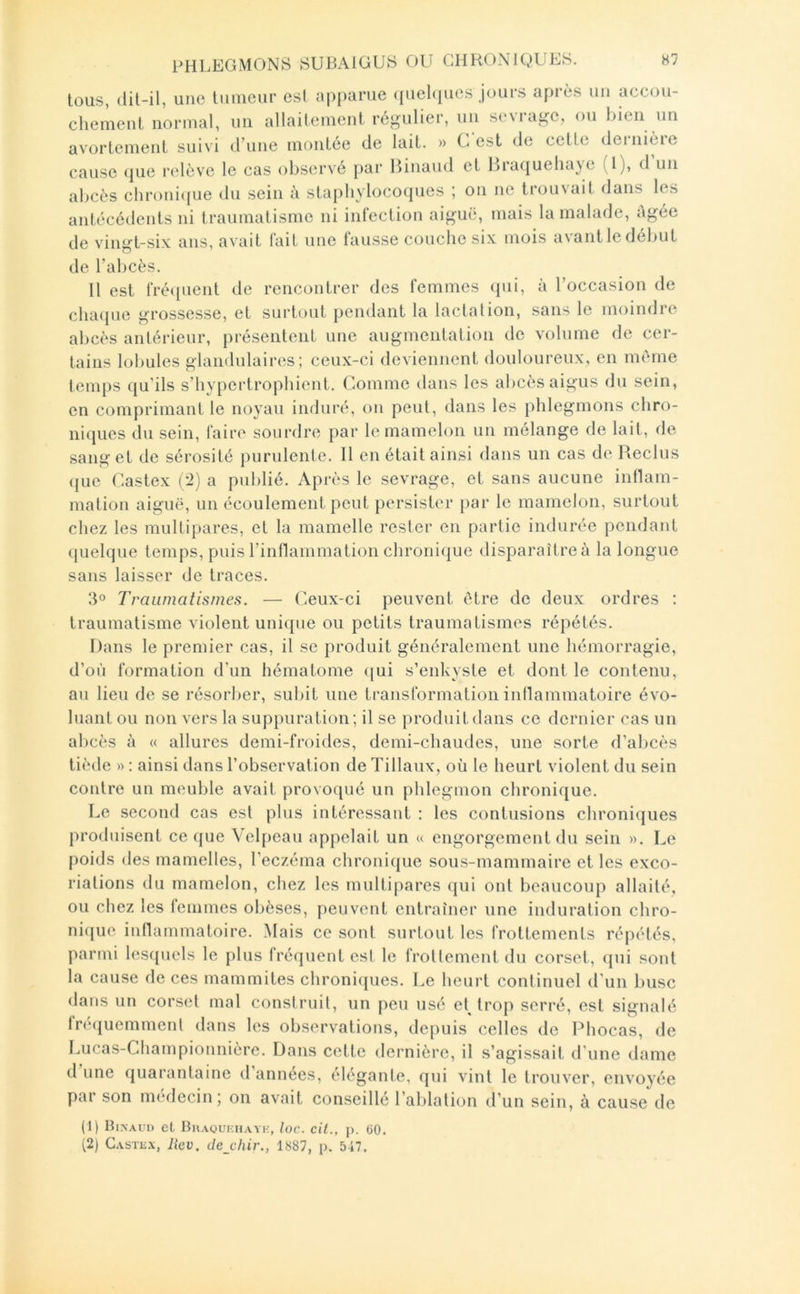 PHLEGMONS SUBAIGUS OU tous, tlü-il, une tumeur esl apparue (piehpies jours après un accou- chement normal, un allaitement régulier, un sevrage, ou bien un avortement suivi d’une montée de lait. » G est de cette deinièie cause (jue relève le cas observé par Hinaud et Biacjuelia^e (1), d un abcès clironi([ue du sein à staphylocoques ; on ne trouvait dans les antécédents ni traumatisme ni infection aiguë, mais la malade, Agée de vingt-six ans, avait fait une fausse couche six mois avant le début de l’abcès. Il est fré(pient de rencontrer des femmes (pii, à l’occasion de chacpie grossesse, et surtout pendant la lactation, sans le moindie abcès antérieur, présentent une augmentation de volume de cer- tains lobules glandulaires; ceux-ci deviennent douloureux, en même temps qu’ils s’hypertrophient. Comme dans les abcès aigus du sein, en comprimant le noyau iiifluré, on peut, dans les phlegmons chro- niques du sein, faire sourdre par le mamelon un mélange de lait, de sang et de sérosité purulente. Il en était ainsi dans un cas de Reclus ({lie Castex (;2) a publié. Après le sevrage, et sans aucune inflam- mation aiguë, un écoulement peut persister par le mamelon, surtout chez les multipares, et la mamelle rester en partie indurée pendant (juehjue temps, puis l’inflammation chronique disparaîtreà la longue sans laisser de traces. 3° Traumatismes. — Ceux-ci peuvent être de deux ordres : traumatisme violent unique ou petits traumatismes répétés. Dans le premier cas, il se produit généralement une hémorragie, d’où formation d’un hématome (|ui s’enkyste et dont le contenu, an lieu de se résorber, subit une transformation inflammatoire évo- luant ou non vers la suppuration; il se produit dans ce dernier cas un abcès à « allures demi-froides, demi-chaudes, une sorte d’abcès tiède » : ainsi dans l’observation de Tillaux, où le heurt violent du sein contre un meuble avait provoqué un phlegmon chronique. Le second cas est plus intéressant : les contusions chroniques produisent ce (jue Velpeau appelait un « engorgement du sein ». Le poids des mamelles, l’eczéma chronique sous-mammaire et les exco- riations du mamelon, chez les multipares qui ont beaucoup allaité, ou chez les femmes obèses, peuvent entraîner une induration chro- nique inflammatoire. Mais ce sont surtout les frottements répétés, parmi lesquels le plus fréquent esl le frotfemeid du corset, qui sont la cause de ces mammites chroniques. Le heurt confinuel d’un buse dans un corset mal consfruit, un peu usé et trop serré, est signalé fré(juemmenf dans les observations, depuis celles de Phocas, de Imcas-Championnière. Dans cette dernière, il s’agissait d’une dame d une quarantaine d années, élégante, qui vint le trouver, envoyée par son médecin; on avait conseillé l’ablation d’un sein, à cause de (1) Bi.nal'i» et Buaoukhayk, loc. cil., p. 60. (2) Casïüx, Itev, de_chir., 1887, p. 547.