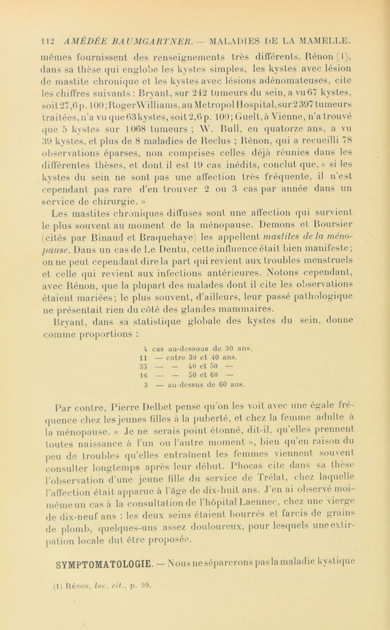 mêmes fournissent des renseignements très dilïerenls. Rénon 1), dans sa thèse qui engiohe les kystes simples, les kystes avec lésion de mastite chroni(|ue et les kystes avec lésions adénomateuses, cite les chilfres suivants : Rryant, sur 2i2 tumeurs du sein, a vu67 kystes, soit*27,6p. 100;Roger\Villiams,au Metropol Hospital,sur23t)7 tumeurs traitées, n’a vu (jue63kystes, soit 2,6 p. lût); (iuelt,à Vienne, n’a trouvé (pie 5 kystes sur 1068 tumeurs ; W'. Rull, en (juatorze ans, a vu 30 kystes, et plus de 8 maladies de l\eclus ; Rénon, (pii a recueilli 78 observations éparses, non comprises celles déjà réunies dans les dillerenles thèses, et dont il est 19 cas inédits, conclut (pie, « si les kystes du sein ne sont pas une allection très fréijuente, il n'est cependant pas rare d’en trouver 2 ou 3 cas par année dans un service de chirurgie. » Les mastites chroniijues ditïuses sont une allection (pii survient le })lus souvent au moment de la ménopause. Démons et Roursier (cités par Rinaud et Rraquehaye) les ajipellent rnasliles delà méno- pause. Dans un cas de Le Dentu, cette intluencc était bien manifeste; on ne peut cependant dire la part (pii revient aux troubles menstruels et celle ([ui revient aux infections antérieures. Notons cependant, avec Rénon, ([ue la plupart des malades dont il cite les oliservations étaient mariées; le plus souvent, d’ailleurs, leur passé jiathologique ne présentait rien du c(')lé des glandes mammaires. Rryant, dans sa statistiipie globale des kystes du sein, donne comme iiroportions : 4 cas au-dessous de 30 ans. 11 — entre 3û et 40 ans. 33 — — 40 et 50 — 16 — — 50 et 60 — 3 — au-dessus de 60 ans. Par contre, Pierre Delbet pense (pi’oii les voit avec une égale Iré- (pience chez les jeunes tilles à la ])uherté, et chez la lemme adulte a la ménopause. « .Je ne serais point étonné, dit-il, (pi elles pieniient toutes naissance à l’iiii ou l’autre moment)), bien (ju’en raison du peu de troubles ({u’elles entraînent les femmes viennent souvent consulter lougtemiis adirés leur début. Phocas cite dans sa thèse l’observation d’une jeune tille du service de Irélat, chez laquelle raffection était apjiarue à l’Age de dix-huit ans. .l’en ai observé moi- nnuneiin cas à la consultation de l’hôpital Lacnnec, chez une vierge de dix-neuf ans : les deux seins étaient bourrés et farcis de grains de plomb, (juehpies-uns assez douloureux, pour lesipiels uneextir- pation locale dut être projiosée. SYMPTOMATOLOGIE. — Nous nesé})arerons pasla maladie kystiipie