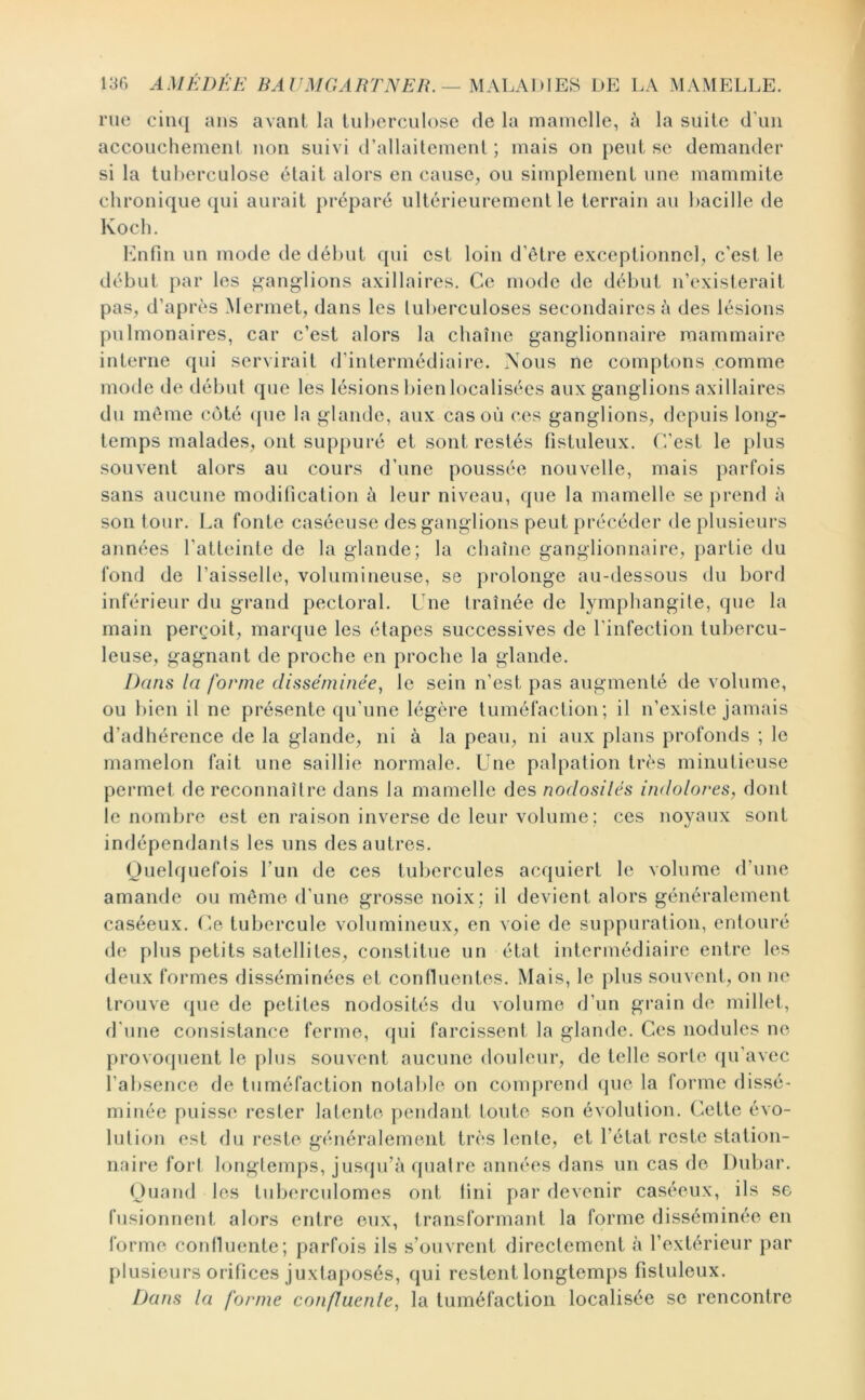 130 AMÉDÉE B A UMG A RTN ER.—MAhA\)\E^ DE LA MAMELLE. rue cinq ans avant la tuherciilosc de la mamelle, à la suite d’un accouchement non suivi d’allaitement ; mais on peut se demander si la tuberculose était alors en cause, ou simplement une mammite chronique qui aurait préparé ultérieurement le terrain au bacille de Koch, Enfin un mode de début qui est loin d’être exceptionnel, c’est le début par les ganglions axillaires. Ce mode de début n’existerait pas, d’après Menuet, dans les tulierculoses secondaires à des lésions pulmonaires, car c’est alors la chaîne ganglionnaire mammaire interne qui servirait d’intermédiaire. Xous ne comptons comme mode de début que les lésions bien localisées aux ganglions axillaires du même coté ipie la glande, aux cas où ces ganglions, depuis long- temps malades, ont suppuré et sont restés tistuleux. (’’est le plus souvent alors au cours d’une poussée nouvelle, mais parfois sans aucune modification à leur niveau, que la mamelle se prend à son tour. La fonte caséeuse des ganglions peut précéder de plusieurs années l’atteinte de la glande; la chaîne ganglionnaire, partie du fond de l’aisselle, volumineuse, se prolonge au-dessous du bord inférieur du grand pectoral. Une traînée de lymphangite, que la main perçoit, marque les étapes successives de l’infection tubercu- leuse, gagnant de proche en proche la glande. Dans la forme disséminée, le sein n’est pas augmenté de volume, ou bien il ne présente qu’une légère tuméfaction; il n’existe jamais d’adhérence de la glande, ni à la peau, ni aux plans profonds ; le mamelon fait une saillie normale. Une palpation très minutieuse permet de reconnaître dans la mamelle des nodosités indolores, dont le nombre est en raison inverse de leur volume: ces noyaux sont indépendants les uns des autres. Ouelquefois l’un de ces tubercules accjuiert le volume d’une amande ou même d’une grosse noix: il devient alors généralement caséeux. Ue tubercule volumineux, en voie de suppuration, entouré de plus petits satellites, constitue un état iidermédiaire entre les deux formes disséminées et connuentes. Mais, le plus souvent, on ne trouve (pie de petites nodosités du volume d’un grain de millet, d’une consistance ferme, (jui farcissent la glande. Ces nodules ne provocjuent le plus souvent aucune douleur, de telle sorte cpi’avec l’absence de tuméfaction notable on comprend cpie la forme dissé- minée puisse rester latente pendant toute son évolution. Cette évo- lution est du reste généralement très lente, et l’état reste station- naire fort longtemps, jusqu’à quatre années dans un cas de Dubar. Ouand les tuberculomes ont fini par devenir caséeux, ils se fusionnent alors entre eux, transformant la forme disséminée en forme coidluente; parfois ils s’ouvrent directement à l’extérieur par plusieurs orifices juxtaposés, qui restent longtemj)S fistuleux. Dans la forme confluenle, la tuméfaction localisée se rencontre