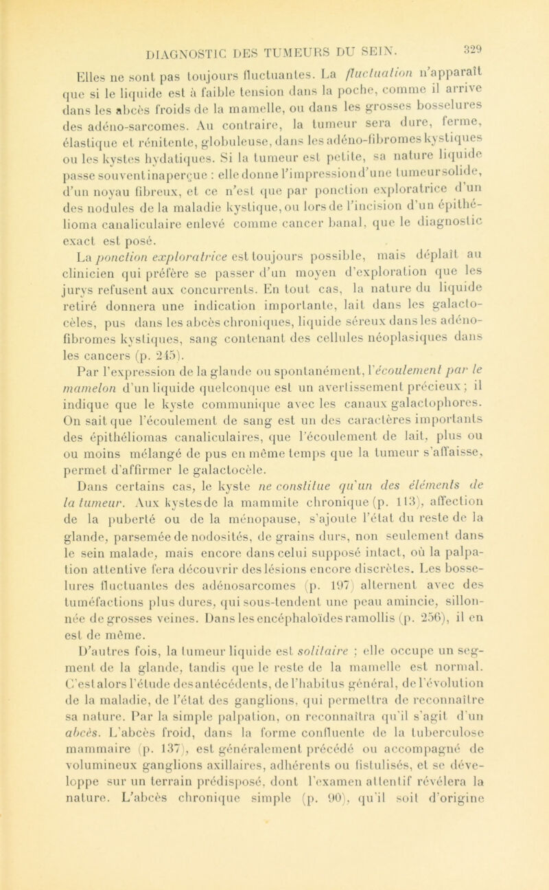 Elles ne sont pas loujoiirs iluciiianles. La flucUiation iTapparaît que si le liquide est à faible tension dans la poche, comme il ai rive dans les abcès froids de la mamelle, ou dans les grosses bosselures des adéno-sarcomes. Au contraire, la tumeur sera dure, feime, élastique et rénitente, globuleuse, dans les adéno-libromeskystiques ou les kystes hydatiijues. Si la tumeur est petite, sa nature liquide passe souventinaperçue : elle donne Timpressiond’une lumeursolide, dbm noyau fibreux, et ce n^esl ([ue par ponction exploratrice d un des nodules de la maladie kystique, ou lors de Tiucision d un épithé- lioma canaliculaire enlevé comme cancer banal, que le diagnostic exact est posé. hix ponction exploratrice Cisl toujours possible, mais déplaît au clinicien qui préfère se passer cTun moyen d’exploration que les jurys refusent aux concurrents. En tout cas, la nature du liquide retiré donnera une indication importante, lait dans les galaclo- cèles, pus dans les abcès chroniques, liciuide séreux dans les adéno- fibromes kystiques, sang contenant des cellules néoplasiques dans les cancers (p. 245). Par l’expression de la glande ou spontanément, Vécoulement par le mamelon d’un liquide quelcompie est un avertissement précieux ; il indique que le kyste communi({ue avec les canaux galactophores. On sait que Técoulement de sang est un des caractères importants des épithéliomas canaliculaires, que l’écoulement de lait, plus ou ou moins mélangé de pus en même tem})s que la tumeur s’afïaisse, permet d’affirmer le galactocèle. Dans certains cas, le kyste ne conslilue qu'un des éléments de la tumeur. Aux kystesde la mammite chronique (p. HT), alïection de la puberté ou de la ménopause, s’ajoute l’état du reste de la glande, parsemée de nodosités, de grains durs, non seulement dans le sein malade, mais encore dans celui supposé intact, où la palpa- tion attentive fera découvrir des lésions encore discrètes. Les bosse- lures lluctuanles des adénosarcomes (p. 197) alternent avec des tuméfactions plus dures, qui sous-tendent une peau amincie, sillon- née de grosses veines. Dans les encéphaloïdes ramollis (p. 256), il en est de môme. D’autres fois, la lumeur liquide est solitaire : elle occupe un seg- ment de la glande, tandis (]ue le reste de la mamelle est normal. U’estalors l’étude desantécédents, de l’habitus général, de révolution de la maladie, de Télat des ganglions, (|ui permettra de reconnaître sa nature. Par la simple j)alpation, on reconnaîtra qu'il s’agit d’un abcès. L’abcès froid, dans la forme conduente de la tuberculose mammaire (p. 137), est généralement précédé ou accompagné de volumineux ganglions axillaires, adhérents ou fistulisés, et se déve- loppe sur un terrain prédisj)Osé, dont l’examen altenlif révélera la nature. L’abcès chronique simple (p. 90), (ju'il soit d’origine