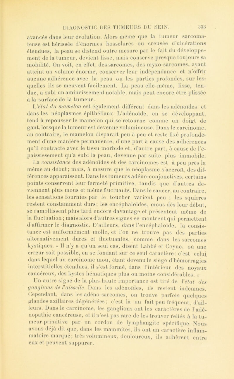 avancés dans leur évolution. Alors même que la tumeur sarcoma- teuse est hérissée (rénormes bosselures ou creusée d’ulcérations étendues, la peau se distend outre mesure j)nr le l’ail du développe- menl de la tumeur, devient lisse, mais conserve prescpie toujoin's sa mobilité. On voit, en ell’et, des sarcomes, des myxo-sarcomes, ayant atteint un volume énorme, conserver leur indépendance et iTolï’rir aucune adhérence avec la peau ou les parties profondes, sur les- ([uelles ils se meuvent facilement. La peau elle-même, lisse, ten- due, a subi un amincissement notable, mais peut encore être plissée à la surface de la tumeur. L’c7a/ du mamelon est également dilTérent dans les adénoïdes et dans les néoplasmes épithéliaux. L’adénoïde, en se développant, tend à repousser le mamelon qui se retourne comme un doigt de gant, lorsque la tumeur est devenue volumineuse. Dans le carcinome, au contraire, le mamelon disparaît peu à jieu et reste fixé profondé- ment d’une manière permanente, d’une part à cause des adliérences qu’il contracte avec le tissu morbide et, d’autre ])art, à cause de l’é- paississement qu’a subi la peau, devenue par suite plus immobile. La consistance des adénoïdes et des carcinomes est à peu près la même au début; mais, à mesure que le néoplasme s’accroît, des dif- férences apparaissent. Dans les tumeurs adéno-conjonctives, certains points conservent leur fermeté primitive, tandis que d’autres de- viennent plus mous et même tlucluants. Dans le cancer, au contraire, les sensations fournies par le toucher varient peu : les squirres restent constamment durs; les encéphaloïdes, mous dès leur début, se ramollissent plus tard encore davantage et présentent môme de la lluctuation; mais alors d’autres signes se montrent qui permettent d’affirmer le diagnostic. D’ailleurs, dans l’encéphaloïde, la consis- tance est uniformément molle, et l’on ne trouve pas des parties alternativement dures et Iluctuantes, comme dans les sarcomes kystiques. « 11 n’y a qu'un seul cas, disent Labbé et Coyne, où une erreur soit possible, en se fondant sur ce seul caractère: c’est celu\ dans lequel un carcinome mou, étant devenu le siège d'hémorragies interstitielles étendues, il s’est formé, dans l’intérieur des noyaux cancéreux, des kystes hématiques plus ou moins considérables. » Un autre signe de la })lus haute importance est tiré de Vêlai des anglions de Vaisselle. les adénoïdes, ils restent indemnes. (Cependant, dans les adéno-sarcomes, on trouve parfois quehjues glandes axillaires dégénérées; c’est là un fait peu fréquent, d’ail- leurs. Dans le carcinome, les ganglions ont les caractères de l’adé- nopathie cancéreuse, et il n'est j)as rare de les trouver reliés à la tu- meur primitive par un cordon de lymphangite spécifique. Nous avons déjà dit que, dans les mammites, ils ont un caractère inflam- matoire marqué; très volumineux, douloureux, ils allièrent entre eux et peuvent suppurer.