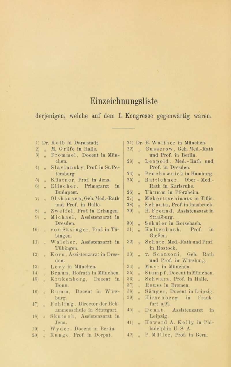 Einzeichnungsliste derjenigen, welche auf dem I. Kongresse gegenwärtig waren. 1) Dr. Kolb in Darmstadt. 2) 11 M. Gräfe in Halle. 3) 11 Frommei, Docent in Mün- chen. 4) 11 Slaviansky, Prof, in St.Pe- tersburg. 5) 11 Kästner, Prof, in Jena. 6) 11 Elischer, Primararzt in Budapest. 7) 11 01 s h a u s e n, Geh. Med.-Rath und Prof, in Halle. 8) 11 Zweifel, Prof, in Erlangen. 9) 11 Michael, Assistenzarzt in Dresden. 10) 11 von Säxinger, Prof, in Tü- bingen. 11) 11 Wal eher, Assistenzarzt in Tübingen. 12) 11 Korn, Assistenzarzt in Dres- den. 13) 11 Levy in München. 14) 11 Braun, Hofrath in München. 15) 11 Krukenberg, Docent in Bonn. 16) 11 Bu mm, Docent in Würz- burg. 17) 11 Fehling, Director der Ileb- ammenschule in Stuttgart. 18) 11 S kut s c h , Assistenzarzt in Jena. 19) •1 W y d e r, Docent in Berlin. 20) M Runge, Prof, in Dorpat. 21) Dr. E. Walther in München. 22) )1 Gusserow, Geh. Med.-Rath und Prof, in Berlin. 23) 11 Leopold, Med. - Rath und Prof, in Dresden. 24) 11 P r o c h o w n i c k in Hamburg. 25) 11 Battlebner, Ober - Med.- Ratli in Karlsruhe. 26) 11 Tliumm in Pforzheim. 27) 11 Mekerttschiantz in Tiflis. 28) 11 S cli au t a, Prof, in Innsbruck. 29) 11 H. Freund, Assistenzarzt in Straßburg. 30) 11 Schüler in Rorschach. 31) 11 Kaltenbach, Prof. in Gießen. 32) 11 Schatz, Med.-Rath und Prof, in Rostock. 33) 11 v. Scanzoni, Geh. Rath und Prof, in Würzburg. 34) 11 Mayr in München. 35) 11 S tu mpf, Docent in München. 36) 11 Schwarz, Prof, in Halle. 37) 11 Reuss in Bremen. 38) 11 Sänger, Docent in Leipzig. 39) 11 Hirschberg in Frank- furt a/M. 40) 11 Donat, Assistenzarzt in Leipzig. 41) 11 Howard A. Kelly in Phi- ladelphia U. S. A. 42) 11 P. Müller, Prof, in Bern.