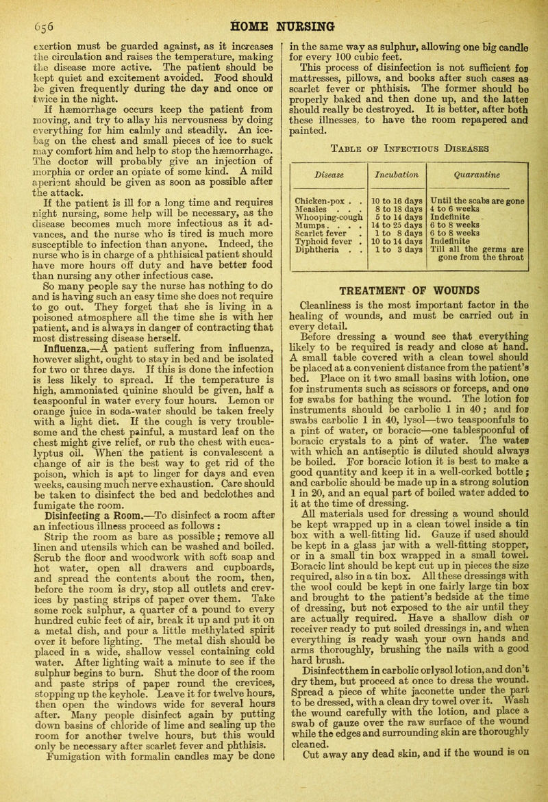 exertion must be guarded against, as it increases the circulation and raises the temperature, making the disease more active. The patient should be kept quiet and excitement avoided. Food should be given frequently during the day and once or twice in the night. If hsemorrhage occurs keep the patient from moving, and try to allay his nervousness by doing everything for him calmly and steadily. An ice- bag on the chest and small pieces of ice to suck rnay comfort him and help to stop the hsemorrhage. The doctoE will probably give an injection of morphia or order an opiate of some kind. A mild aperient should be given as soon as possible after the attack. If the patient is ill for a long time and requires night nursing, some help will be necessary, as the disease becomes much more infectious as it ad- vances, and the nurse who is tired is much more susceptible to infection than anyone. Indeed, the nurse who is in charge of a phthisical patient should have more hours off duty and have better food than nursing any other infectious case. So many people say the nurse has nothing to do and is having such an easy time she does not require to go out. They forget that she is living in a poisoned atmosphere all the time she is with her patient, and is always in danger of contracting that most distressing disease herself. Influenza.—A patient suffering from influenza, however slight, ought to stay in bed and be isolated for two or three days. If this is done the infection is less likely to spread. If the temperature is high, ammoniated quinine should be given, half a teaspoonful in water every four hours. Lemon or orange juice in soda-water should be taken freely with a light diet. If the cough is very trouble- some and the chest painful, a mustard leaf on the chest might give relief, or rub the chest with euca- lyptus oil. When the patient is convalescent a change of air is the best way to get rid of the poison, which is apt to linger for days and even weeks, causing much nerve exhaustion. Care should be taken to disinfect the bed and bedclothes and fumigate the room. Disinfecting a Room.—To disinfect a room after an infectious illness proceed as follows : Strip the room as bare as possible; remove all linen and utensils which can be washed and boiled. Scrub the floor and woodwork with soft soap and hot water, open all drawers and cupboards, and spread the contents about the room, then, before the room is dry, stop all outlets and crev- ices by pasting strips of paper over them. Take some rock sulphur, a quarter of a pound to every hundred cubic feet of air, break it up and put it op a metal dish, and pour a little methylated spirit over it before lighting. The metal dish should be placed in a wide, shallow vessel containing cold water. After lighting wait a minute to see if the sulphur begins to burn. Shut the door of the room and paste strips of paper round the crevices, stopping up the keyhole. Leave it for twelve hours, then open the windows wide for several hours after. Many people disinfect again by putting down basins of chloride of lime and sealing up the room for another twelve hours, but this would only be necessary after scarlet fever and phthisis. Fumigation with formalin candles may be done in the same way as sulphur, allowing one big candle for every 100 cubic feet. This process of disinfection is not sufficient for mattresses, pillows, and books after such cases as scarlet fever or phthisis. The former should be properly baked and then done up, and the latter should really be destroyed. It is better, after both these illnesses, to have the room repapered and painted. Table op Infectious Diseases Disease Incubation Quarantine Chicken-pox . . Measles . . . Whooping-cough Mumps.... Scarlet fever Typhoid fever . Diphtheria . . 10 to 16 days 8 to 18 days 5 to 14 days 14 to 25 days 1 to 8 days 10 to 14 days 1 to 3 days Until the scabs are gone 4 to 6 weeks Indefinite 6 to 8 weeks 6 to 8 weeks Indefinite Till all the germs are gone from the throat TREATMENT OF WOUNDS Cleanliness is the most important factor in the healing of wounds, and must be carried out in every detail. Before dressing a wound see that everything likely to be required is ready and close at hand. A small table covered with a clean towel should be placed at a convenient distance from the patient’s bed. Place on it two small basins with lotion, one for instruments such as scissors or forceps, and one for swabs for bathing the wound. The lotion for instruments should be carbolic 1 in 40; and for swabs carbolic 1 in 40, lysol—two teaspoonfuls to a pint of water, or boracic—one tablespoonful of boracic crystals to a pint of water. The water with which an antiseptic is diluted should always be boiled. For boracic lotion it is best to make a good quantity and keep it in a well-corked bottle; and carbolic should be made up in a strong solution 1 in 20, and an equal part of boiled water added to it at the time of dressing. All materials used for dressing a wound should be kept wrapped up in a clean towel inside a tin box with a well-fitting lid. Gauze if used should be kept in a glass jar with a well-fitting stopper, or in a small tin box wrapped in a small towel. Boracic lint should be kept cut up in pieces the size required, also in a tin box. All these dressings with the wool could be kept in one fairly large tin box and brought to the patient’s bedside at the time of dressing, but not exposed to the air until they are actually required. Have a shallow dish or receiver ready to put soiled dressings in, and when everything is ready wash your own hands and arms thoroughly, brushing the nails with a good hard brush. Disinfect them in carbolic orlysol lotion, and don’t dry them, but proceed at once to dress the wound. Spread a piece of white jaconette under the part to be dressed, with a clean dry towel over it. Wash the wound carefully with the lotion, and place a swab of gauze over the raw surface of the wound while the edges and surrounding skin are thoroughly cleaned Cut away any dead skin, and if the wound is on