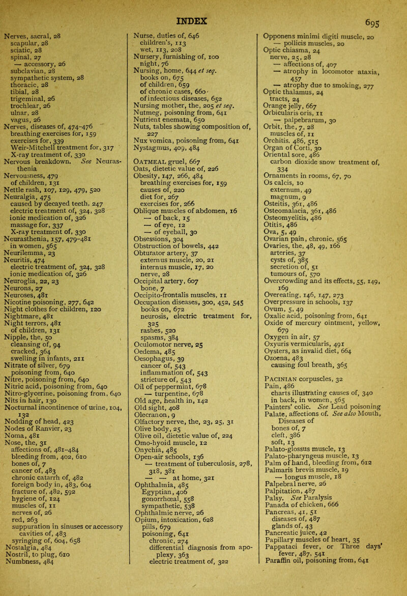 Nerves, sacral, 28 scapular, 28 sciatic, 28 spinal, 27 — accessory, 26 subclavian, 28 sympathetic system, 28 thoracic, 28 tibial, 28 trigeminal, 26 trochlear, 26 ulnar, 28 vagus, 26 Nerves, diseases of, 474-476 breathing exercises for, 159 exercises for, 339 Weir-Mitchell treatment for, 317 X-ray treatment of, 330 Nervous breakdown. See Neuras- thenia Nervousness, 479 of children, 131 Nettle rash, 107, 129, 479, 520 Neuralgia, 475 caused by decayed teeth, 247 electric treatment of, 324, 328 ionic medication of, 326 massage for, 337 X-ray treatment of, 330 Neurasthenia, 157, 479-481 in women, 565 Neurilemma, 23 Neuritis, 474 electric treatment of, 324, 328 ionic medication of, 326 Neuroglia, 22, 23 Neurons, 27 Neuroses, 481 Nicotine poisoning, 277, 642 Night clothes for children, 120 Nightmare, 481 Night terrors, 481 of children, 131 Nipple, the, 50 cleansing of, 94 cracked, 364 swelling in infants, 211 Nitrate of silver, 679 poisoning from, 640 Nitre, poisoning from, 640 Nitric acid, poisoning from, 640 Nitro-glycerine, poisoning from, 640 Nits in hair, 130 Nocturnal incontinence of urine, 104, 132 Nodding of head, 423 Nodes of Ranvier, 23 Noma, 481 Nose, the, 31 affections of, 481-484 bleeding from, 402, 610 bones of, 7 cancer of, 483 chronic catarrh of, 482 foreign body in, 483, 604 fracture of, 482, 592 hygiene of, 124 muscles of, n nerves of, 26 red, 263 suppuration in sinuses or accessory cavities of, 483 syringing of, 604, 658 Nostalgia, 484 Nostril, to plug, 610 Numbness, 484 Nurse, duties of, 646 children’s, 113 wet, 113, 208 Nursery, furnishing of, 100 night, 76 Nursing, home, 644 et seq. books on, 675 of children, 659 of chronic cases, 660' of infectious diseases, 652 Nursing mother, the, 205 et seq. Nutmeg, poisoning from, 641 Nutrient enemata, 650 Nuts, tables showing composition of, 227 Nux vomica, poisoning from, 641 Nystagmus, 409, 484 Oatmeal gruel, 667 Oats, dietetic value of, 226 Obesity, 147, 266, 484 breathing exercises for, 159 causes of, 220 diet for, 267 exercises for, 266 Oblique muscles of abdomen, 16 — of back, 15 — of eye, 12 — of eyeball, 30 Obsessions, 304 Obstruction of bowels, 442 Obturator artery, 37 extern us muscle, 20, 21 internus muscle, 17, 20 nerve, 28 Occipital artery, 607 bone,7 Occipito-frontalis muscles, 11 Occupation diseases, 300, 452, 545 books on, 672 neurosis, electric treatment for, 32S rashes, 520 spasms, 384 Oculomotor nerve, 25 Oedema, 485 Oesophagus, 39 cancer of, 543 inflammation of, 543 stricture of, 543 Oil of peppermint, 678 — turpentine, 678 Old age, health in, 142 Old sight, 408 Olecranon, 9 Olfactory nerve, the, 23, 25, 31 Olive body, 25 Olive oil, dietetic value of, 224 Omo-hyoid muscle, 12 Onychia, 485 Open-air schools, 136 — treatment of tuberculosis, 278, 318, 381 — — at home, 321 Ophthalmia, 485 Egyptian, 406 gonorrhoeal, 558 sympathetic, 538 Ophthalmic nerve, 26 Opium, intoxication, 628 pills, 679 poisoning, 641 chronic, 274 differential diagnosis from apo- plexy, 363 electric treatment of, 322 6 95 Opponens minimi digiti muscle, 20 — pollicis muscles, 20 Optic chiasma, 24 nerve, 25, 28 — affections of, 407 — atrophy in locomotor ataxia, 457 — atrophy due to smoking, 277 Optic thalamus, 24 tracts, 24 Orange jelly, 667 Orbicularis oris, 11 — palpebrarum, 30 Orbit, the, 7, 28 muscles of, 11 Orchitis. 486, 515 Organ of Corti, 30 Oriental sore, 486 carbon dioxide snow treatment of, ~ 334 Ornaments in rooms, 67, 70 Os calcis, 10 externum, 49 magnum, 9 Osteitis, 361, 486 Osteomalacia, 361, 486 Osteomyelitis, 486 Otitis, 486 Ova, 5, 49 Ovarian pain, chronic, 565 Ovaries, the, 48, 49, 166 arteries, 37 cysts of, 385 secretion of, 51 tumours of, 570 Overcrowding and its effects, 55,149, 169 Overeating, 146, 147, 273 Overpressure in schools, 137 Ovum, 5, 49 Oxalic acid, poisoning from, 641 Oxide of mercury ointment, yellow, 679 _ Oxygen in air, 57 Oxyuris vermicularis, 491 Oysters, as invalid diet, 664 Ozoena, 483 causing foul breath, 365 Pacinian corpuscles, 32 Pain, 486 charts illustrating causes of, 340 in back, in women, 565 Painters’ colic. See Lead poisoning Palate, affections of. See also Mouth, Diseases of bones of, 7 cleft, 386 soft, 13 Palato-glossus muscle, 13 Palato-pharyngeus muscle, 13 Palm of hand, bleeding from, 612 Palmaris brevis muscle, 19 —• longus muscle, 18 Palpebral nerve, 26 Palpitation, 487 Palsy. See Paralysis Panada of chicken, 666 Pancreas, 41, 51 diseases of, 487 glands of, 43 Pancreatic juice, 42 Papillary muscles of heart, 35 Pappataci fever, or Three days’ fever, 487, 541 Paraffin oil, poisoning from, 641