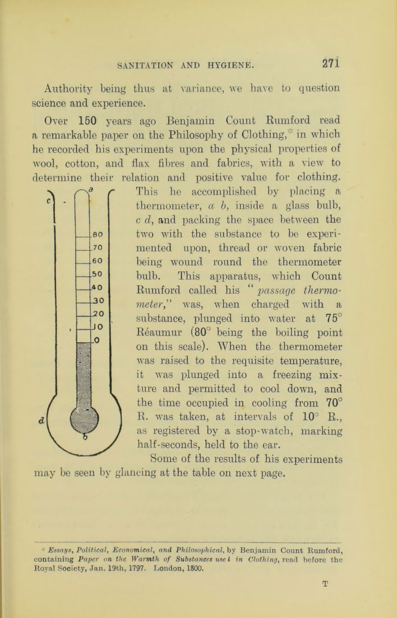 Authority being thus at variance, we have to question science and experience. Over 150 years ago Benjamin Count Rumford read a remarkable paper on the Philosophy of Clothing, in which he recorded his experiments upon the physical properties of wool, cotton, and flax fibres and fabrics, with a view to determine their relation and positive value for clothing. This he accomplished by placing a thermometer, a b, inside a glass bulb, c d, and packing the space between the two with the substance to be experi- mented upon, thread or woven fabric being wound round the thermometer bulb. This apparatus, which Count Rumford called his “ passage thermo- meter, was, when charged with a substance, plunged into water at 75° Reaumur (80 ’ being the boiling point on this scale). When the thermometer was raised to the requisite temperature, it was plunged into a freezing mix- ture and permitted to cool down, and the time occupied in cooling from 70° R. was taken, at intervals of 10° R., as registered by a stop-watch, marking half-seconds, held to the ear. Some of the results of his experiments may be seen by glancing at the table on next page. Essays, Political, Economical, and Philosophical, by Benjamin Count Rumford, containing Paper on the Warmth of Substances use l in Clothing, rend before the Royal Society, Jan. 19th, 1797. London, 1800. T