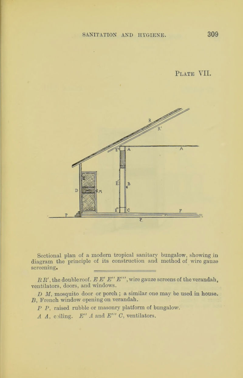 Plate VII. ? Sectional plan of a modern tropical sanitary bungalow, showing in diagram the principle of its construction and method of wire gauze screening. BR',the doubleroof. EE' E E', wire gauze screens of the verandah, ventilators, doors, and windows. D M, mosquito door or porch ; a similar one may be used in house. B, French window opening on verandah. P P, raised rubble or masonry platform of bungalow. A A, ceiling. E A and E' C, ventilators.