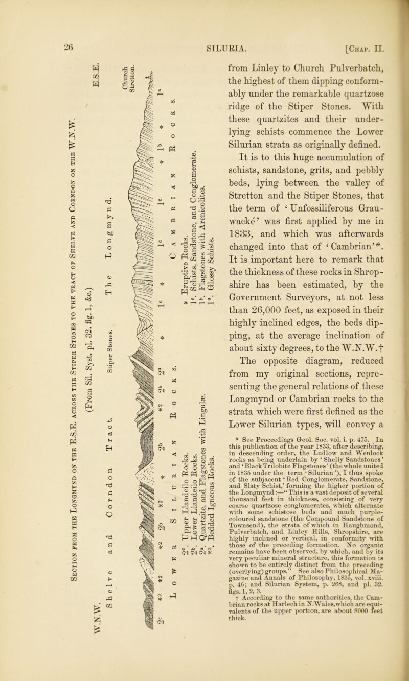 Section from the Longmynd on the E.S.E. across the Stiper Stones to the tract of Shelve and Corndon on the W .N.W . <D © a tiO c o O C cS CD C o CO © O o © 02 -H o ^ a Cd CG © CO • rH *4^ CO £ CO S CO ^ • f—( CO ri:^ o> o OC M be 2 r*H :3 bo Pi Xi -t-i . r-t CO CO Xi xi o o o o PhPh o o I—H P—H I • ^ . (-H © © t3 P P S3 S-I I© © © pL, ^ ^6 pH]' W * rt* (N* (M (M CM * from Linley to Church Pulverbatch, the highest of them dipping conform- ably under the remarkable quartzose ridge of the Stiper Stones. With these quartzites and their under- lying schists commence the Lower Silurian strata as originally defined. It is to this huge accumulation of schists, sandstone, grits, and pebbly beds, lying between the valley of Stretton and the Stiper Stones, that the term of ‘ Unfossiliferous Grau- wacke’ was first applied by me in 1833, and which was afterwards changed into that of ^Cambrian’*. It is important here to remark that the thickness of these rocks in Shrop- shire has been estimated, by the Government Surveyors, at not less than 26,000 feet, as exposed in their highly inclined edges, the beds dip- ping, at the average inclination of about sixty degrees, to the W.IST.W.f The opposite diagram, reduced from my original sections, repre- senting the general relations of these Longmynd or Cambrian rocks to the strata which were first defined as the Lower Silurian types, will convey a * See Proceedings G-eol. Soc. vol. i. p. 475. In this publication of the year 1833, after describing, in descending order, the Ludlow and Wenlock rocks as being underlain by ‘ Shelly Sandstones ’ and ‘BlackTrilobite Flagstones’ (the whole united in 1835 under the term ‘ Silurian ’), I thus spoke of the subjacent ‘ Eed Conglomerate, Sandstone, and Slaty Schist,’ forming the higher portion of the Longmynd:—“ This is a vast deposit of several thousand feet in thickness, consisting of very coarse quartzose conglomerates, which alternate with some schistose beds and much purple- coloured sandstone (the Compound Sandstone of Townsend), the strata of which in Haughmond, Pulverbatch, and Linley Hills, Shropshire, are highly inclined or vertical, in conformity with those of the preceding formation. Xo organic remains have been observed, by which, and by its very peculiar mineral structure, this formation is shown to be entirely distinct from the preceding (overlying) groups.” See also Philosophical Ma- gazine and Annals of Philosophy, 1835, vol. xviii. p. 46; and Silurian System, p. 268, and pi. 32. figs. 1, 2, 3. t According to the same authorities, the Cam- brian rocks at Harlech in N.Wales,which are equi- valents of the upper portion, are about 8000 feet thick. k \ ' { I 1