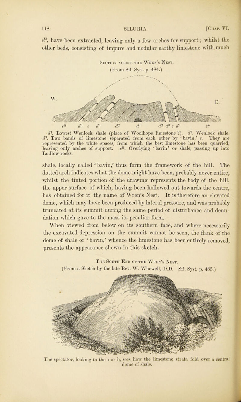 (P, have been extracted, leaving only a few arches for support; whilst the other beds, consisting of impure and nodular earthy limestone with much Section across the Wren’s Nest. (From Sil. Syst. p. 484.) iZf Lowest Wenlock shale (place of Woolhope limestone ?). cZ^. Wenlock shale. d^. Two bands of limestone separated from each other by ‘ bavin/ e. They are represented by the wdiite spaces, from which the best limestone has been quarried, leaving only arches of support, e*. Overlying ‘ bavin ’ or shale, passing up into Ludlow rocks. shale, locally called ‘ bavin,’ thus form the framework of the hill. The dotted arch indicates what the dome might have been, probably never entire, whilst the tinted portion of the drawing represents the body of the hill, the upper surface of which, having been hollowed out towards the centre, has obtained for it the name of Wren’s IVest. It is therefore an elevated dome, which may have been produced by lateral pressure, and was probably truncated at its summit during the same period of disturbance and denu- dation which gave to the mass its peculiar form. W^hen viewed from below on its southern face, and where necessarily the excavated depression on the summit cannot be seen, the flank of the dome of shale or ‘ bavin,’ whence the limestone has been entirely removed, presents the appearance shown in this sketch. The South Ent> of the Wren’s Nest. (From a Sketch by the late Eev. W. Whewell, D.D. Sil. Syst. p. 485.) The spectator, looking to the north, sees how the limestone strata fold over a central dome of shale.