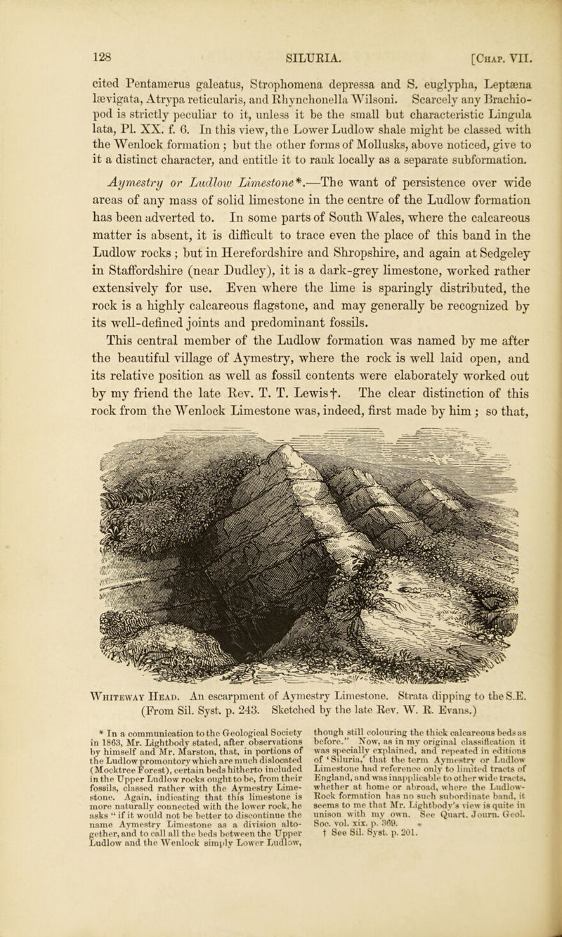 cited Pentamerus galeatus, Strophomena depressa and S. euglj^lia, Leptaena laevigata, Atrypa reticularis, and Rhynchonella Wilsoni. Scarcely any Brachio- pod is strictly peculiar to it, unless it be the small but characteristic Lingula lata, PL XX. f. 6. In this view, the Lower Ludlow shale might be classed with the Wenlock formation ; but the other forms of Mollusks, above noticed, give to it a distinct character, and entitle it to rank locally as a separate subformation. Aymestry or Ludlow Limestone^.—The want of persistence over wide areas of any mass of solid limestone in the centre of the Ludlow formation has been adverted to. In some parts of South AVales, where the calcareous matter is absent, it is difficult to trace even the place of this band in the Ludlow rocks ; but in Herefordshire and Shropshire, and again at Sedgeley in Staffordshire (near Dudley), it is a dark-grey limestone, worked rather extensively for use. Even where the lime is sparingly distributed, the rock is a highly calcareous flagstone, and may generally be recognized by its weU-defined joints and predominant fossils. This central member of the Ludlow formation was named by me after the beautiful village of Aymestry, where the rock is well laid open, and its relative position as well as fossil contents were elaborately worked out by my friend the late Rev. T. T. Lewis f. The clear distinction of this rock from the Wenlock Limestone was, indeed, first made by him ; so that. Whiteway Head. An escarpment of Aymestry Limestone. Strata dipping to tlieS.E. (From Sil. Syst. p. 243. Sketched by tlie late Rev. W. E. Evans.) * In a communication to the Geological Society in 1863, Mr. Lightbody stated, after observations by himself and Mr. Marston, that, in portions of the Ludlow promontory which are much dislocated (Mocktree Forest), certain beds hitherto included in the Upper Ludlow rocks ought to be, from their fossils, classed rather wdth the Aymestry Lime- stone. Again, indicating that this limestone is more naturally connected with the lower rock, he asks “ if it would not be better to discontinue the name Aymestry Limestone as a division alto- gether, and to call all the beds between the Upper Ludlow and the Wenlock simply Lower Ludlow, though still colouring the thick calcareous beds as before.” Xow', as in my original clasvsifleation it was specially explained, and repeated in editions of ‘ Siluria,’ that the term Aymestry or Ludlow Limestone had reference only to limited tracts of England, and was inapplicable to other wide tract-s whether at home or abroad, where the Ludlow- Eock formation has no such subordinate band, it seems to me that Mr. Lightbody’s view is quite in unison with my own. See Quart. Journ. Geol. Soe. vol. xix. p. 369. t See Sil. Syst. p. 201.