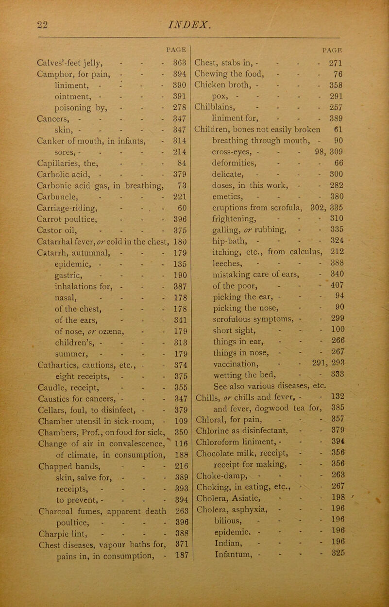 1>A(’,E PAGE Calves’-feet jelly, 363 Chest, stabs in, - . - 271 Camphor, for jjain. 394 Chewing the food. - - 76 liniment, - - 390 Chicken broth, - - - 358 ointment, - - - - 391 pox, - - - 291 poisoning by. 278 Chilblains, - - 257 Cancers, 347 liniment for. - - 389 skin, 347 Children, bones not easily broken 61 Canker of mouth, in infants. 314 breathing through mouth. - 90 sores, - . . - - 214 cross-eyes, - - 98, 309 Capillaries, the. 84 deformities. - - 66 Carbolic acid, - - - - 379 delicate. - - 300 Carbonic acid gas, in breathing. 73 doses, in this work. - - 282 Carbuncle, . . . . 221 emetics. - - 380 Carriage-riding, - - . - 60 eruptions from scrofula, 302, 335 Carrot poultice, 396 frightening. - 310 Castor oil, .... 375 galling, or rubbing, - - 335 Catarrhal fever, cold in the chest. 180 hip-bath, - - ■ - 324 Catarrh, autumnal. 179 itching, etc., from calculus. 212 epidemic, - - - ’ - 135 leeches. - - 388 gastric, .... 190 mistaking care of ears, - 340 inhalations for, - 387 of the poor, - - 407 nasal, .... 178 picking the ear, - - - 94 of the chest, 178 picking the nose. - - 90 of the ears. 341 scrofulous symptoms, - 299 of nose, or ozsena. 179 short sight. - - 100 children’s, .... 313 things in ear. - - 266 summer, . . . . 179 things in nose, - - - 267 Cathartics, cautions, etc., - 374 vaccination. - 291, 293 eight receipts. 375 wetting the bed. - - 333 Caudle, receipt. 355 See also various diseases. etc. Caustics for cancers, - 347 Chills, or chills and fever - 132 Cellars, foul, to disinfect, - 379 and fever, dogwood tea for. 385 Chamber utensil in sick-room, - 109 Chloral, for pain, - - 357 Chambers, Prof., on food for sick. 350 Chlorine as disinfectant, - - 379 Change of air in convalescence. 116 Chloroform liniment, - - - 394 of climate, in consumption. 188 Chocolate milk, receipt. - - 356 Chapped hands. 216 receipt for making. - - 356 skin, salve for, - 389 Choke-damp, - - 263 receipts, .... 393 Choking, in eating, etc.. - - 267 to prevent, - - . - 394 Cholera, Asiatic, - - 198 Charcoal fumes, apparent death 263 Cholera, asphyxia. - - 196 poultice, .... 396 bilious. - - 196 Charpie lint, .... 388 epidemic. - - - 196 Chest diseases, vapour baths for. 371 Indian, - - 196 pains in, in consumption, - 187 Infantum, - - - 325