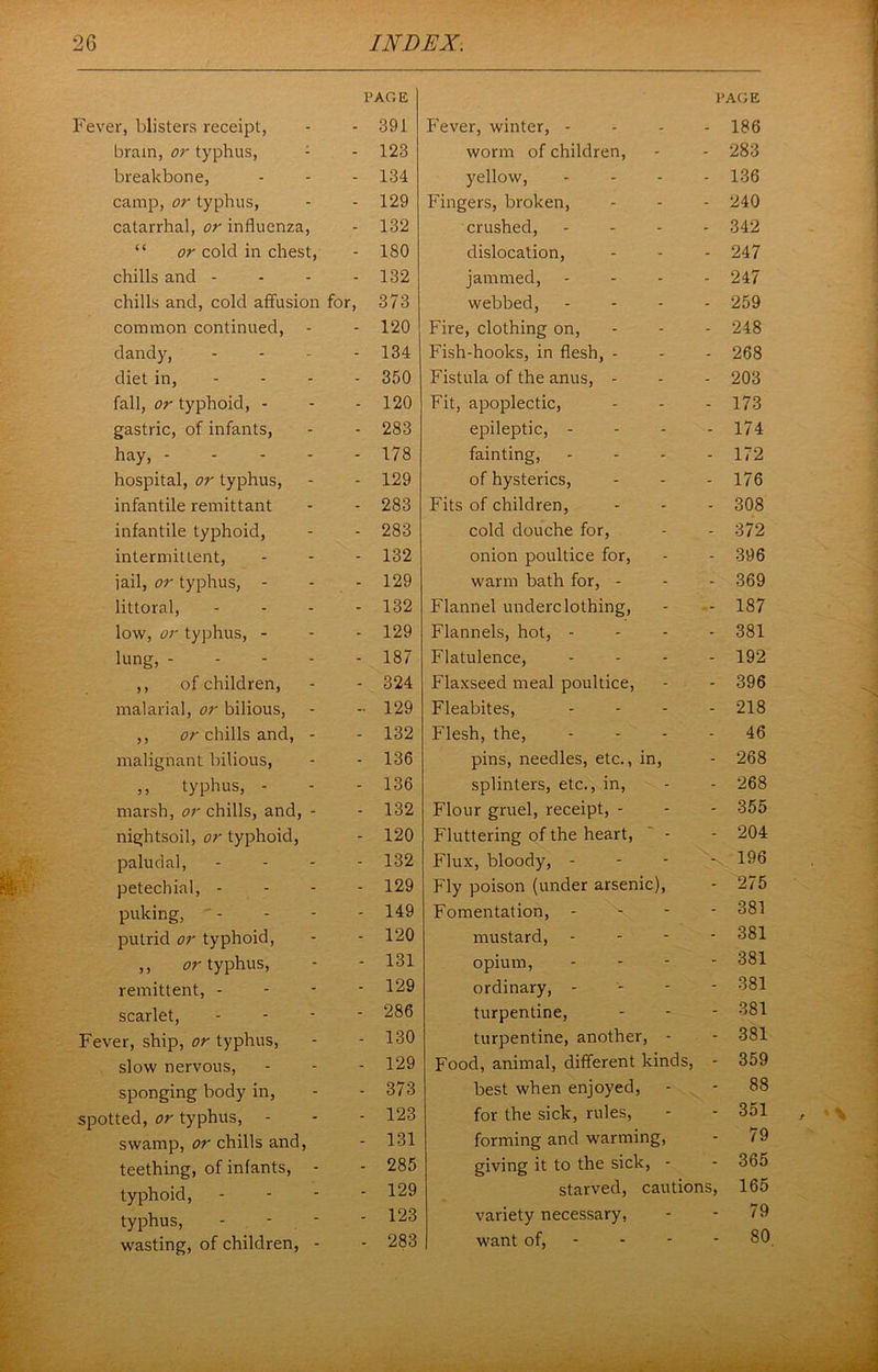 Fever, blisters receipt, PAGE - 391 Fever, winter, - PAGE - 186 bram, or typhus, - - 123 worm of children. - 283 breakbone, - 134 yellow, - 136 camp, or typhus. - 129 Fingers, broken. - 240 catarrhal, or influenza. - 132 crushed. - 342 “ or cold in chest. - 180 dislocation. - 247 chills and - - 132 jammed. - 247 chills and, cold affusion for, 373 webbed. - 259 common continued, - - 120 Fire, clothing on. - 248 dandy, - 134 Fish-hooks, in flesh, - - 268 diet in, - - - - 350 Fistula of the anus, - - 203 fall, or typhoid, - - 120 Fit, apoplectic. - 173 gastric, of infants, - 283 epileptic, - - 174 hay, - - - - - 178 fainting. - 172 hospital, or typhus. - 129 of hysterics. - 176 infantile remittant - 283 Fits of children. - 308 infantile typhoid. - 283 cold douche for. - 372 intermittent. - 132 onion poultice for. - 396 jail, or typhus, - - 129 warm bath for, - - 369 littoral. - 132 Flannel underclothing. - 187 low, or typhus, - - 129 Flannels, hot, - - 381 lung, - - - - - 187 Flatulence, - 192 ,, of children, - 324 Flaxseed meal poultice. - 396 malarial, or bilious, - 129 Fleabites, - 218 ,, chills and, - - 132 Flesh, the. - 46 malignant bilious. - 136 pins, needles, etc., in. - 268 ,, typhus, - - 136 splinters, etc., in. - 268 marsh, or chills, and, - - 132 Flour gruel, receipt, - - 355 nightsoil, or typhoid, - 120 Fluttering of the heart, ' - - 204 paludal. - 132 Flux, bloody, - 196 petechial, - - 129 Fly poison (under arsenic). - 275 puking, - - 149 Fomentation, - - 381 putrid or typhoid. - 120 mustard, - - 381 ,, £>r typhus. - 131 opium. - 381 remittent, - - 129 ordinary, - - 381 scarlet. - 286 turpentine. - 381 Fever, ship, or typhus. - 130 turpentine, another, - - 381 slow nervous. - 129 Food, animal, different kinds. - 359 sponging body in. - 373 best when enjoyed. - 88 spotted, or typhus, - - 123 for the sick, rules. - 351 swamp, or chills and. - 131 forming and warming. - 79 teething, of infants, - - 285 giving it to the sick, - - 365 typhoid. - 129 starved, cautions. 165 typhus, - - . - - 123 variety necessary. • 79 wasting, of children, - - 283 want of, - - 80