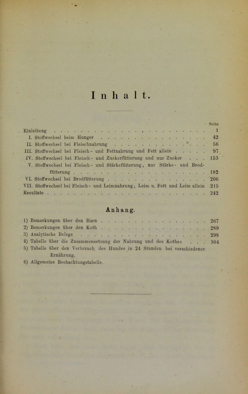 Inhalt Seite Einleitung 1 I. Stoffwechsel beim Hunger 42 II. Stoffwechsel hei Fleischnahrung 56 III. Stoffwechsel bei Fleisch- und Fettnahrung und Fett allein 97 IY. Stoffwechsel hei Fleisch- und Zuckerfütterung und nur Zucker . . . 153 V. Stoffwechsel bei Fleisch- und Stärkefütterung, nur Stärke- und Brod- fütterung 182 VI. Stoffwechsel bei Brodfütterung 206 VII. Stoffwechsel bei Fleisch - und Leimnahrung, Leim u. Fett und Leim allein 215 Resultate 242 Anhang. 1) Bemerkungen über den Harn 267 2) Bemerkungen über den Koth 289 3) Analytische Belege 298 4) Tabelle über die Zusammensetzung der Nahrung und des Kothes . . . 304 5) Tabelle über den Verbrauch des Hundes in 24 Stunden bei verschiedener Ernährung. 6) Allgemeine Beobachtungstabelle. \