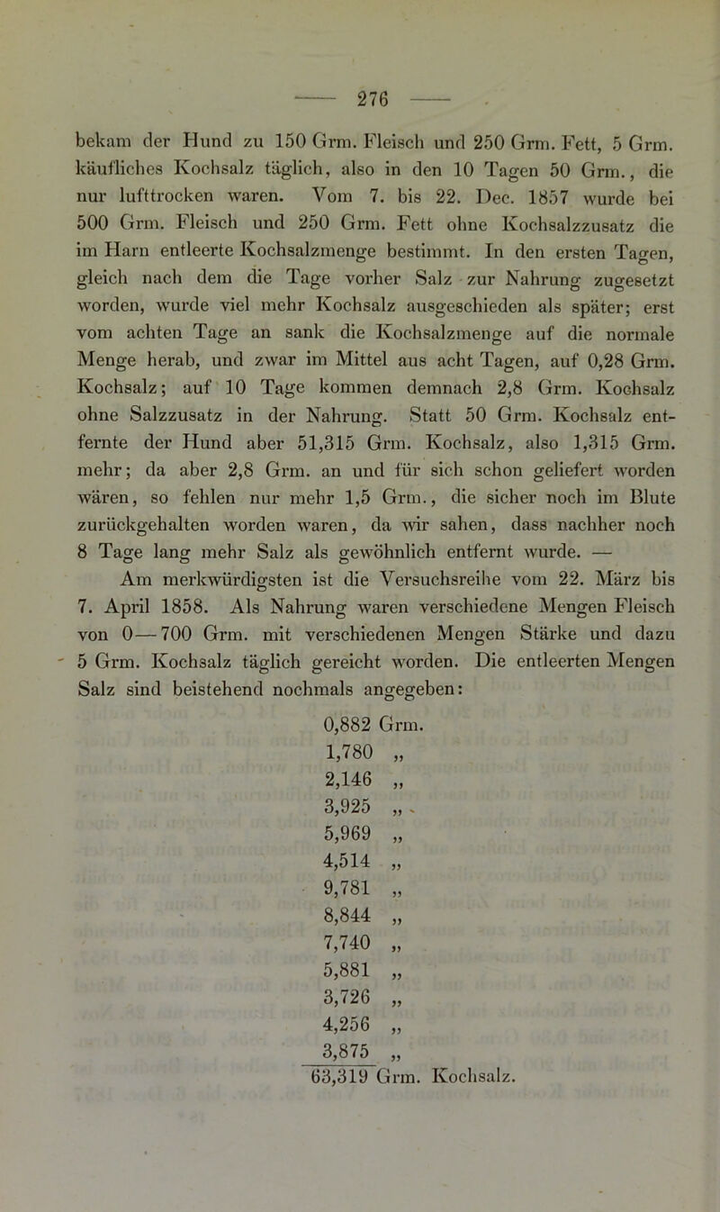 bekam der Hund zu 150 Grm. Fleisch und 250 Grm. Fett, 5 Grm. käufliches Kochsalz täglich, also in den 10 Tagen 50 Grm., die nur lufttrocken waren. Vom 7. bis 22. Dec. 1857 wurde bei 500 Grm. Fleisch und 250 Grm. Fett ohne Kochsalzzusatz die im Harn entleerte Kochsalzmenge bestimmt. In den ersten Tagen, gleich nach dem die Tage vorher Salz zur Nahrung zugesetzt worden, wurde viel mehr Kochsalz ausgeschieden als später; erst vom achten Tage an sank die Kochsalzmenge auf die normale Menge herab, und zwar im Mittel aus acht Tagen, auf 0,28 Grm. Kochsalz; auf 10 Tage kommen demnach 2,8 Grm. Kodisalz ohne Salzzusatz in der Nahrung. Statt 50 Grm. Kochsalz ent- fernte der Hund aber 51,315 Grm. Kochsalz, also 1,315 Grm. mehr; da aber 2,8 Grm. an und für sich schon geliefert worden wären, so fehlen nur mehr 1,5 Grm., die sicher noch im Blute zurückgehalten worden waren, da wir sahen, dass nachher noch 8 Tage lang mehr Salz als gewöhnlich entfernt wurde. — Am merkwürdigsten ist die Versuchsreihe vom 22. März bis 7. April 1858. Als Nahrung waren verschiedene Mengen Fleisch von 0—700 Grm. mit verschiedenen Mengen Stärke und dazu 5 Grm. Kochsalz täglich gereicht worden. Die entleerten Mengen Salz sind beistehend nochmals angegeben: 0,882 Grm. 1.780 „ 2,U6 „ 3,925 „ . 5,969 „ 4,514 „ 9.781 „ 8,844 „ 7,740 „ 5,881 „ 3,726 „ 4,256 „ 3,875 „ 63,319 Grm. Kochsalz.