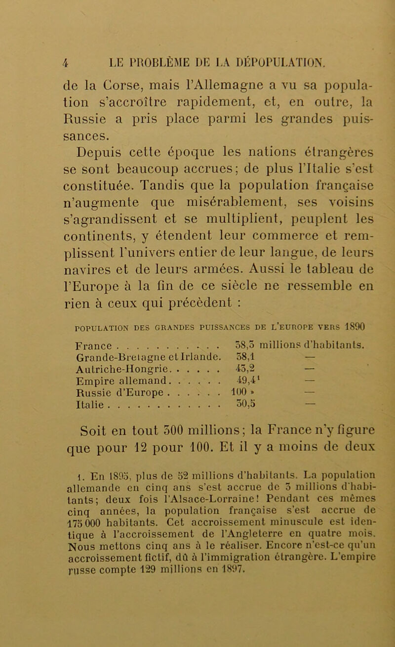 de la Corse, mais l’Allemagne a vu sa popula- tion s’accroître rapidement, et, en outre, la Russie a pris place parmi les grandes puis- sances. Depuis cette époque les nations étrangères se sont beaucoup accrues; de plus l’Italie s’est constituée. Tandis que la population française n’augmente que misérablement, ses voisins s’agrandissent et se multiplient, peuplent les continents, y étendent leur commerce et rem- plissent l’univers entier de leur langue, de leurs navires et de leurs armées. Aussi le tableau de l’Europe à la fin de ce siècle ne ressemble en rien à ceux qui précèdent : POPULATION DES GRANDES PUISSANCES DE l’eUROPE VERS 1890 France 58,5 millions d’habitants. Grande-Brelagne et Irlande. 58,1 — Autriche-Hongrie 45,2 — Empire allemand 49,4' — Russie d’Europe KX) » Italie o0,a — Soit en tout 500 millions; la France n’y figure que pour 12 pour 100. Et il y a moins de deux 1. En 189.0, plus de 52 millions d’habitants. La population allemande en cinq ans s’est accrue de 5 millions d’habi- tants; deux fois î’Alsace-Lorraine ! Pendant ces mêmes cinq années, la population française s’est accrue de 175 000 habitants. Cet accroissement minuscule est iden- tique à l’accroissement de l’Angleterre en quatre mois. Nous mettons cinq ans à le réaliser. Encore n’est-ce qu’un accroissement fictif, dû à l’immigration étrangère. L’empire russe compte 129 millions en 1897.