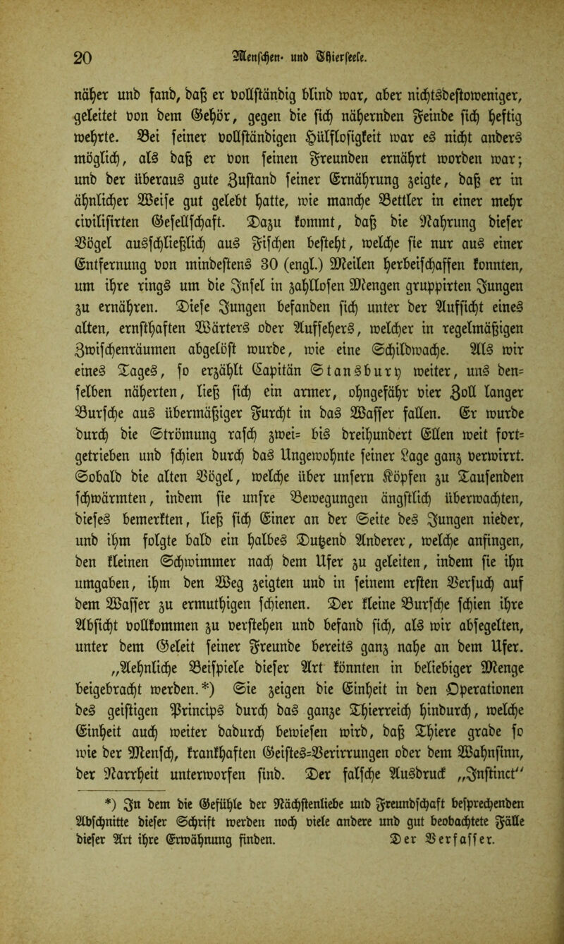 näljer unb fanb, baß er Ooßftänbig btinb trat, aber nid)tSbeftomeniger, geleitet Oon bem (M)ör, gegen bie fid) nä^ernben geinbe fid^ ^eftig mehrte. 23ei feiner boßftänbigen §ülflofigfeit mar eS nid)t anberS mögtid), als baß er Oon feinen greunben ernährt morben mar; unb ber überaus gute 3uftanb feiner Ernährung geigte, baß er in ähnlicher SBeife gut gelebt hatte, mie manche Bettler in einer mehr cimlifirten Eefeßfdjaft. SDagu fommt, baß bie Nahrung biefer 23öget auSfdjtießlid) auS giften befielt, metdje fie nur auS einer Entfernung Oon minbeftenS 30 (engt.) Seiten ^erbeifRaffen fonnten, um ihre ringS um bie gnfel in ga^tlofen Stengen gruppirten gungen §u ernähren. £)iefe gungen befanben ficf) unter ber 2luffid)t eines alten, ernftfyaften 2BärterS ober 2luffef)erS, melier in regelmäßigen 3mifd)enräumen abgelöft mürbe, mie eine ©d)itbmadje. 5llS mir eines OageS, fo ergä^lt Eapitän ©tanSburp meiter, unS ben= feiben näherten, ließ firf) ein armer, ohngefähr oier 3oü tanger 33urfcf>e auS übermäßiger gurd)t in baS SBaffer faßen. Er mürbe burd) bie Strömung rafd) jmei= bis breiljunbert Eßen meit fort= getrieben unb fdjien burd) baS Ungemohnte feiner Sage ganj oermirrt. ©obalb bie alten 33ögel, metd)e über unfern köpfen ju Oaufenben fdjmärmten, inbem fie unfre 93emegungen ängfttid) übermalten, biefeS bemerken, ließ fid) Einer an ber ©eite beS gungen nieber, unb ihm folgte halb ein fyatbeS £)ufcenb 2lnberer, metd)e anfingen, ben fleinen ©djmimmer nad) bem Ufer ju geleiten, inbem fie il)n umgaben, Ü)tn ben 2Beg geigten unb in feinem erften $erfud) auf bem Söaffer ju ermutigen fd)ienen. 2)er Heine 93urfd)e fd)ien ihre 2lbfid)t Ooßlommen ju oerftehen unb befanb fid), als mir abfegelten, unter bem (Meit feiner greunbe bereits gan§ nahe an bem Ufer. „2lel)nlid)e S3eifpiete biefer 2lrt fönnten in beliebiger ßftenge beigebrad)t merben.*) ©ie geigen bie Einheit in ben Operationen beS geiftigen ^ßrincipS burd) baS gange Shierretdj Ijinburd), meldje Einheit aud) meiter baburd) bemiefen mirb, baß Spiere grabe fo mie ber 9Jtenfd), franf haften EeifteS=$erirrungen ober bem 2Ba^nfinn, ber Narrheit untermorfen finb. £)er falfdje SluSbrucf „gnftinct *) gn bem bie Eefüljte ber 5Räc^ftenXtebe unb grennbfcpaft befprecpenben 2tbfchnitte biefer ©chrift merben noch oiele anbere unb gut beobachtete gätte biefer Hrt ihre Ermahnung fiuben. Oer SBerfaffer.