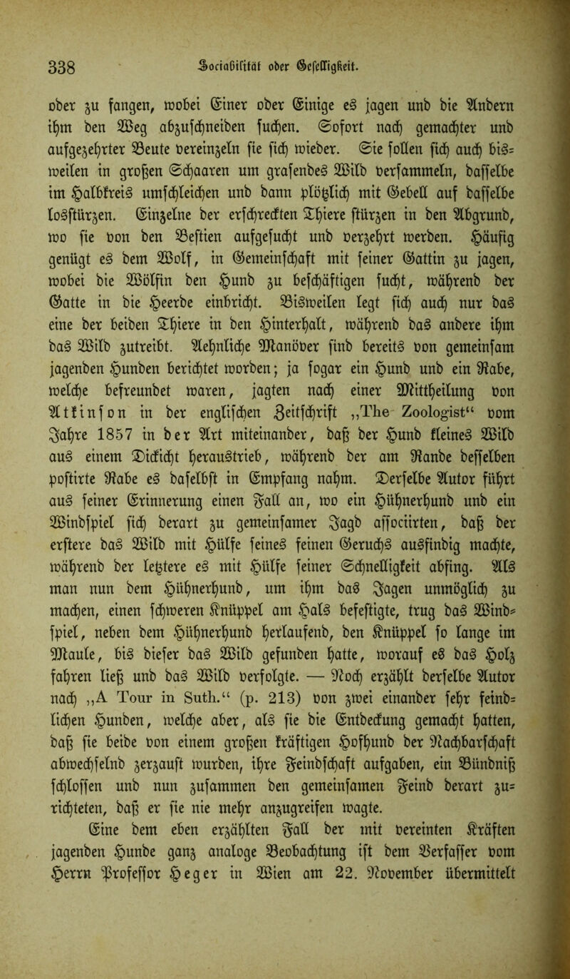 ober gu fangen, wobet Einer ober Einige eg jagen unb bie 5lnbern if)m ben 2Beg abgufdfyneiben fudfyen. (Sofort nad) gemalter unb aufgelegter SBeute Oereingeln fte ficf) wieber. ©te füllen fid^ aud) big= weilen in großen ©paaren um grafenbeg 2Bilb üerfammeln, baffelbe im §albfreig umfd)leid)en unb bann plöfclidj mit ©ebell auf baffelbe logftürgen. Eingelne ber erfKrediten Spiere ftürgen in ben 2lbgrunb, wo fie üon ben 23eftien aufgefudjt unb üergeljrt werben. §äufig genügt eg bem SBolf, in ©emeinfd)aft mit feiner ©attin gu jagen, wobei bie SBölfin ben §unb gu befdfyäftigen fudjt, wäfyrenb ber ©atte in bie §eerbe einbrid)t. 23igweilen legt fidt) aud) nur bag eine ber beiben Spiere in ben §interf)aft, wüljrenb bag anbere iljm bag 2Bilb gutreibt. 2lehnlid)e 9Jtanöüer finb bereite üon gemeinfam jagenben §unben berichtet worben; ja fogar ein §unb unb ein Sfabe, welche befreunbet waren, jagten nad) einer 2ftittl)eilung Oon $ltfinfon in ber englifdben «geitfdjrift „The Zoologist“ oom 3al)re 1857 in ber 9lrt miteinanber, baß ber §unb fleineg 2BiIb aug einem 2)idfid)t f)eraugtrieb, wäljrenb ber am SRanbe beffelben jpoftirte 9?abe eg bafelbft in Empfang nal)m. SDerfelbe 2lutor fit^rt aug feiner Erinnerung einen gall an, wo ein §ül)nerf)unb unb ein 2Binbfpiel ftcf) berart gu gemeinfamer Sagb affociirten, baß ber erftere bag 2Bilb mit §ülfe feineg feinen ©erudjg augftnbig machte, wä^renb ber festere eg mit §ülfe feiner ©cfyneüigfeit abfing. 2llg man nun bem §ül)nerl)unb, um il)m bag Sagen unmöglich gu machen, einen ferneren Knüppel am £alg befeftigte, trug bag 2Binb* fpiel, neben bem §üf)nerl)unb ^erlaufenb, ben Knüppel fo lange im staute, big biefer bag 2Bilb gefunben hatte, worauf eg bag §olg fahren ließ unb bag 2Bilb oerfolgte. — 9?od) ergäbt berfelbe 9lutor nad) ,,A Tour in Suth.“ (p. 213) Oon gwei einanber fel)r fetnb= lid)en §unben, weldfje aber, alg fte bie Entbecfung gemalt Ratten, baß fie beibe oon einem großen fräftigen §off)unb ber ^ad)barfd)aft abwed)felnb gekauft würben, il)re geinbfdjaft aufgaben, ein 23ünbniß fd)loffen unb nun gufammen ben gemeinfamen geinb berart gu= richteten, baß er fie nie mehr angugreifen wagte. Eine bem eben ersten galt ber mit Oereinten Kräften jagenben §unbe gang analoge ^Beobachtung ift bem ^ßerfaffer Oom §errn ‘jßrofeffor §eger in 2Bien am 22. ^ooember übermittelt