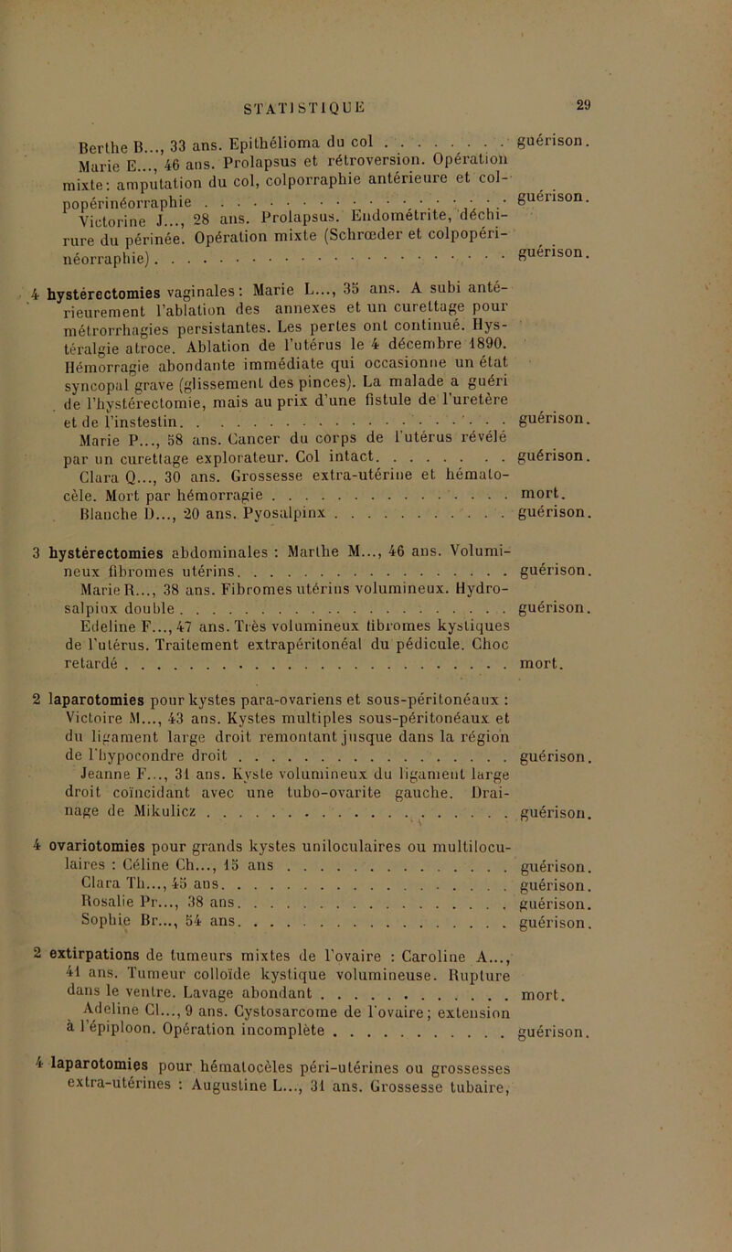 Berthe B..., 33 ans. Epilhélioma du col . . Marie E..., 46 ans. Prolapsus et rétroversion. Opération mixte: amputation du col, colporraphie antérieure et col- popérinéorraphie • • • • • Yictorine J..., 28 ans. Prolapsus. Endométrite, déchi- rure du périnée. Opération mixte (Schrœder et colpopéri- néorraphie) .*.*'* 4 hystérectomies vaginales: Marie L..., 3b ans. A subi anté- rieurement l’ablation des annexes et un curettage poui métrorrliagies persistantes. Les pertes ont continue. Hys- téralgie atroce. Ablation de l’utérus le 4 décembre 1890. Hémorragie abondante immédiate qui occasionne un état syncopal grave (glissemenL des pinces). La malade a guéri de l’hystérectomie, mais au prix d’une fistule de l’uretère et de l’insteslin Marie P..., 58 ans. Cancer du corps de l’utérus révélé par un curettage explorateur. Col intact Clara Q..., 30 ans. Grossesse extra-utérine et hémalo- cèle. Mort par hémorragie Blanche D..., 20 ans. Pyosalpinx 3 hystérectomies abdominales : Marthe M..., 46 ans. Volumi- neux fibromes utérins Marie R..., 38 ans. Fibromes utérins volumineux. Hydro- salpiox double Edeline F..., 47 ans. Très volumineux fibromes kystiques de l’ulérus. Traitement extrapérilonéal du pédicule. Choc retardé 2 laparotomies pour kystes para-ovariens et sous-péritonéaux : Victoire M..., 43 ans. Kystes multiples sous-péritonéaux et du ligament large droit remontant jusque dans la région de l’bypocondre droit Jeanne F..., 31 ans. Kyste volumineux du ligament large droit coïncidant avec une tubo-ovarite gauche. Drai- nage de Mikulicz ; i 4 ovariotomies pour grands kystes uniloculaires ou multilocu- laires : Céline Ch..., 15 ans Clara Th..., 45 ans Rosalie Pr..., 38 ans Sophie Br..., 54 ans 2 extirpations de tumeurs mixtes de l’ovaire : Caroline A..., 41 ans. Tumeur colloïde kystique volumineuse. Rupture dans le ventre. Lavage abondant Adeline Cl..., 9 ans. Cystosarcome de l'ovaire; extension 4 laparotomies pour hémalocèles péri-utérines ou grossesses extra-utérines : Augustine L..., 31 ans. Grossesse tubaire, guérison. guérison, guérison. guérison. guérison. mort. guérison. guérison. guérison. mort. guérison. guérison. guérison. guérison. guérison. guérison. mort.