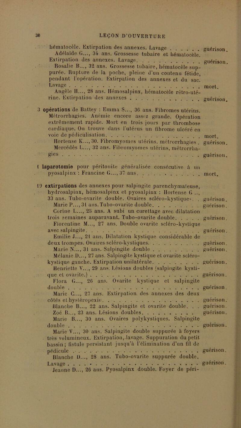 hématocèle. Extirpation des annexes. Lavage Adélaïde G..., 34 ans. Grossesse tubaire et hématocèle. Exlirpation des annexes. Lavage Rosalie B..., 32 ans. Grossesse tubaire, hématocèle sup- purée. Rupture de la poche, pleine d’un contenu fétide, pendant l’opération. Extirpation des annexes et du sac. Lavage Angèle II..., 28 ans. Hémosalpinx, hémalocèle rétro-uté- rine. Extirpation des annexes 3 opérations de Battey : Emma S..., 36 ans. Fibromes utérins. Métrorrhagies. Anémie encore assez grande. Opération extrêmement rapide. Mort en trois jours par thrombose cardiaque. On trouve dans l’utérus un fibrome ulcéré en voie de pédiculisation Hortense K...,30. Fibromyomes ulérins. métrorrhagies. Mercédès L..., 32 ans. Fibromyomes utérins, métrorrha- gies . t laparotomie pour péritonite généralisée consécutive à un pyosalpinx : Francine G..., 37 ans 19 extirpations des annexes pour salpingite parenchymateuse, hydrosalpinx, hémosalpinx et pyosalpinx : Hortense G .., 33 ans. Tubo-ovarite double. Ovaires scléro-kystique*. Marie P..., 31 ans. Tubo-ovarite double Corine L..., 26 ans. A subi un curettage avec dilatation trois semaines auparavant. Tubo-ovarite double Florentine M..., 27 ans. Double ovarile scléro-kyslique avec salpingite Emilie J..., 21 ans. Dilatation kystique considérable de deux trompes. Ovaires scléro-lcystiques Marie N..., 31 ans. Salpingite double Mélanie L)..., 27 ans. Salpingite kystique et ovarite sciéro- kystique gauche. Extirpation unilatérale Henriette V..., 29 ans. Lésions doubles (salpingite kysti- que et ovarite.) . . Flora G..., 26 ans. Ovarite kystique et salpingite double Marie G..., 27 ans. Extirpation des annexes des deux côtés et hysléropexie Blanche B..., 22 ans. Salpingite et ovarite double. . . Zoé B..., 23 ans. Lésions doubles Marie B..., 30 ans. Ovaires polykystiques. Salpingite double Marie V..., 30 ans. Salpingite double suppurée à foyers très volumineux. Extirpation, lavage. Suppuration du petit bassin; fistule persistant jusqu’à l'élimination d’un fil de pédicule .-....• Blanche ü..., 28 ans. Tubo-ovarite suppurée double. Jeanne D..., 26 ans. Pyosalpinx double. Foyer de péri- guérison. guérison. mort. guérison. mort. guérison. guérison. mort. guérison. guérison. guérison. guérison. guérison. guérison. guérison. guérison. guérison. guérison, guérison. guérison. guérison. guérison,