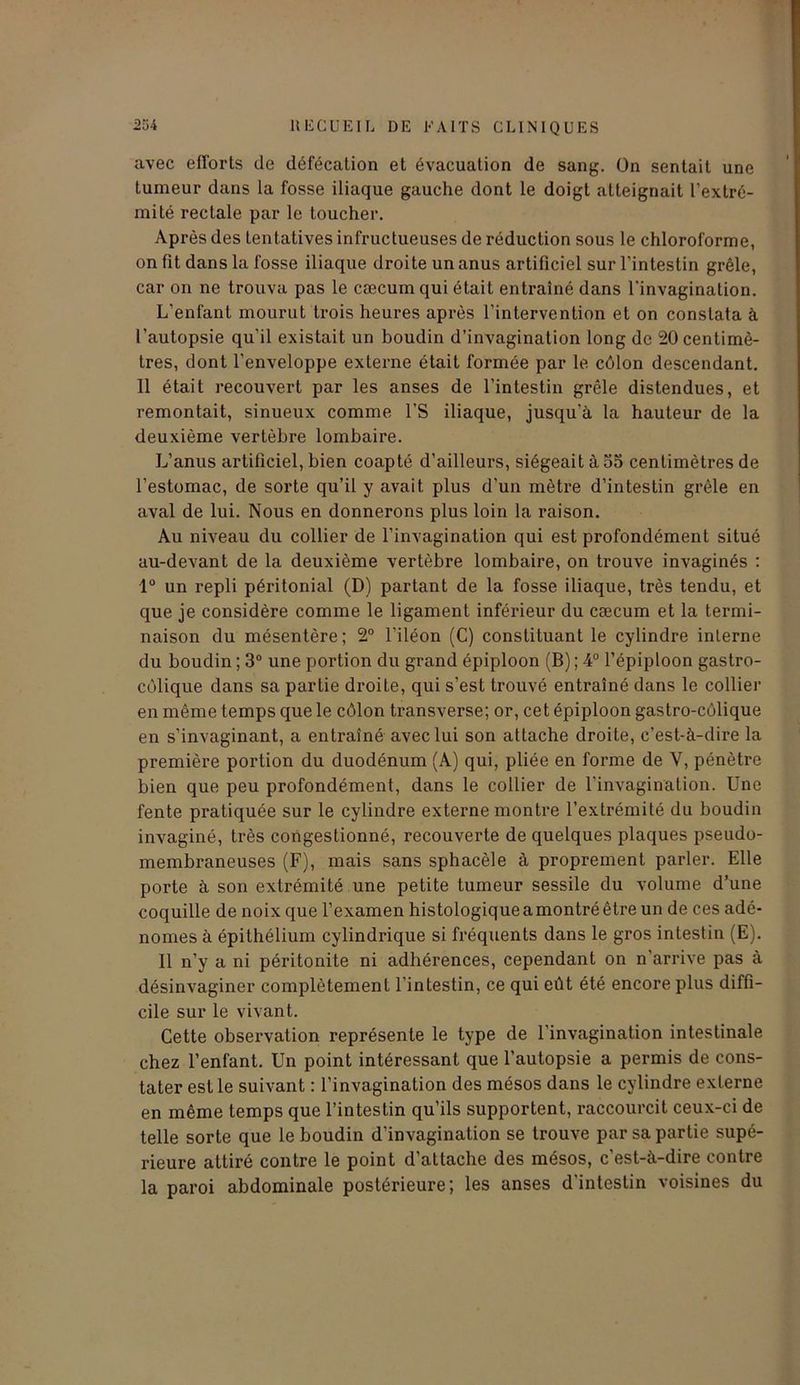 avec efforts de défécation et évacuation de sang. On sentait une tumeur dans la fosse iliaque gauche dont le doigt atteignait l’extré- mité rectale par le toucher. Après des tentatives infructueuses de réduction sous le chloroforme, on fit dans la fosse iliaque droite un anus artificiel sur l’intestin grêle, car on ne trouva pas le cæcum qui était entraîné dans l'invagination. L’enfant mourut trois heures après l’intervention et on constata à l’autopsie qu’il existait un boudin d’invagination long de 20 centimè- tres, dont l’enveloppe externe était formée par le côlon descendant. 11 était recouvert par les anses de l’intestin grêle distendues, et remontait, sinueux comme l’S iliaque, jusqu’à la hauteur de la deuxième vertèbre lombaire. L’anus artificiel, bien coapté d’ailleurs, siégeait à 55 centimètres de l’estomac, de sorte qu’il y avait plus d’un mètre d’intestin grêle en aval de lui. Nous en donnerons plus loin la raison. Au niveau du collier de l’invagination qui est profondément situé au-devant de la deuxième vertèbre lombaire, on trouve invaginés : 1° un repli péritonial (D) partant de la fosse iliaque, très tendu, et que je considère comme le ligament inférieur du cæcum et la termi- naison du mésentère; 2° l’iléon (C) constituant le cylindre interne du boudin ; 3° une portion du grand épiploon (B) ; 4° l’épiploon gastro- côlique dans sa partie droite, qui s’est trouvé entraîné dans le collier en même temps que le côlon transverse; or, cet épiploon gastro-côlique en s’invaginant, a entraîné avec lui son attache droite, c’est-à-dire la première portion du duodénum (A) qui, pliée en forme de Y, pénètre bien que peu profondément, dans le collier de l’invagination. Une fente pratiquée sur le cylindre externe montre l’extrémité du boudin invaginé, très congestionné, recouverte de quelques plaques pseudo- membraneuses (F), mais sans sphacèle à proprement parler. Elle porte à son extrémité une petite tumeur sessile du volume d’une coquille de noix que l’examen histologique a montré être un de ces adé- nomes à épithélium cylindrique si fréquents dans le gros intestin (E). Il n’y a ni péritonite ni adhérences, cependant on n’arrive pas à désinvaginer complètement l’intestin, ce qui eût été encore plus diffi- cile sur le vivant. Cette observation représente le type de l’invagination intestinale chez l’enfant. Un point intéressant que l’autopsie a permis de cons- tater est le suivant : l’invagination des mésos dans le cylindre externe en même temps que l’intestin qu’ils supportent, raccourcit ceux-ci de telle sorte que le boudin d’invagination se trouve par sa partie supé- rieure attiré contre le point d’attache des mésos, c'est-à-dire contre la paroi abdominale postérieure; les anses d’intestin voisines du