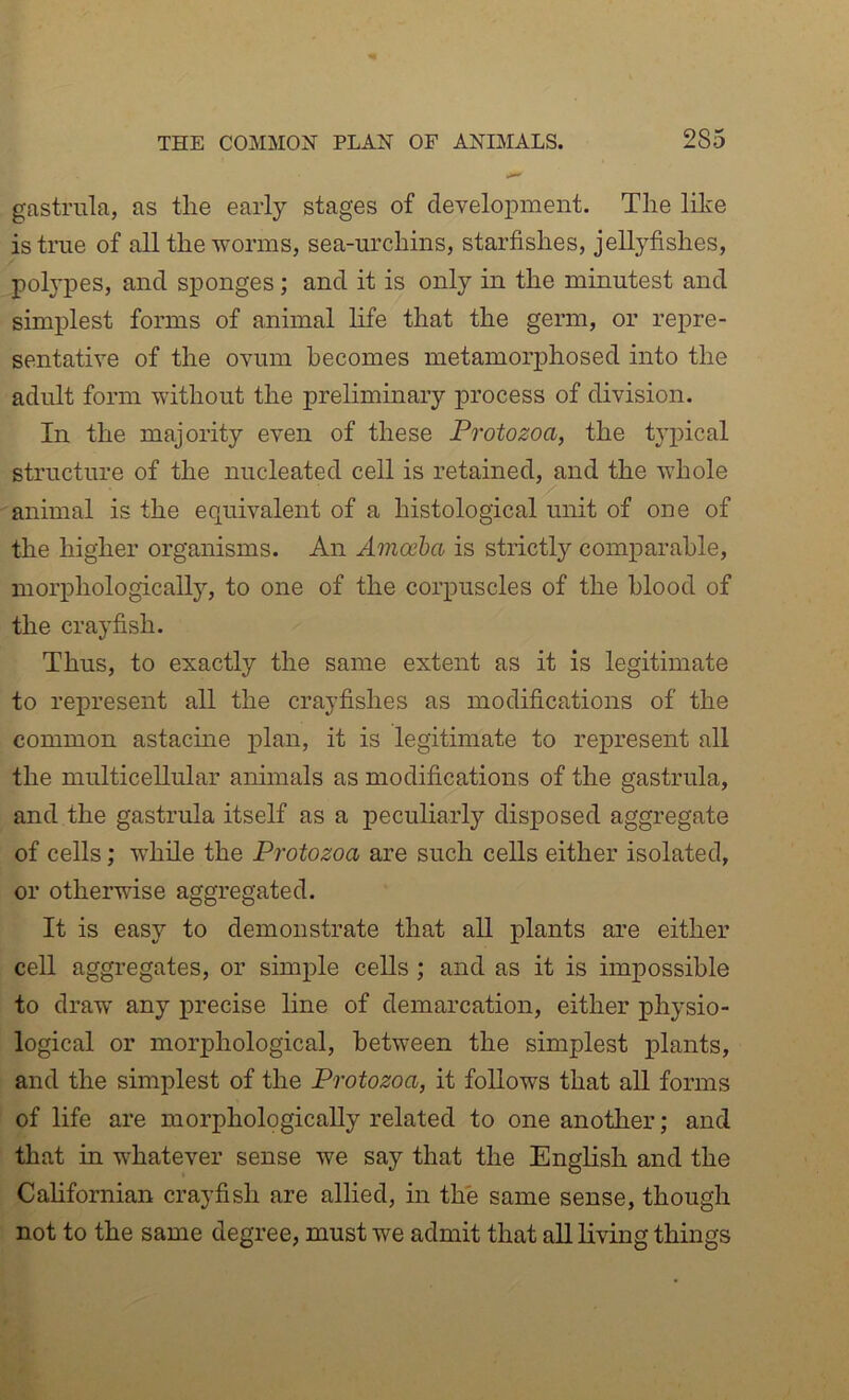 gastrula, as tlie early stages of development. Tlie lilie is true of all the worms, sea-urchins, starfishes, jellyfishes, polypes, and sponges; and it is only in the minutest and simplest forms of animal hfe that the germ, or repre- sentative of the ovum becomes metamorphosed into the adult form without the preliminary process of division. In the majority even of these Protozoa, the typical structure of the nucleated cell is retained, and the whole animal is the equivalent of a histological unit of one of the higher organisms. An Amoeba is strictly comparable, morphologicalljq to one of the corpuscles of the blood of the crayfish. Thus, to exactly the same extent as it is legitimate to represent all the crayfishes as modifications of the common astacme plan, it is legitimate to represent all the multicellular animals as modifications of the gastrula, and the gastrula itself as a peculiarly disposed aggregate of cells; while the Protozoa are such cells either isolated, or otherwise aggregated. It is easy to demonstrate that all plants are either cell aggregates, or simple cells ; and as it is impossible to draw any precise line of demarcation, either physio- logical or morphological, between the simplest plants, and the simplest of the Protozoa, it follows that all forms of life are morphologically related to one another; and that in whatever sense we say that the English and the Cahfornian crayfish are allied, in the same sense, though not to the same degree, must we admit that aU living things