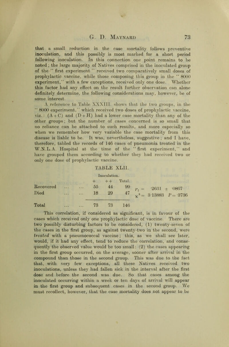 that a small reduction in the case mortality follows preventive inoculation, and this possibly is most marked for a short period following inoculation. In this connection one point remains to be noted; the large majority of Natives comprised in the inoculated group of the” first experiment ” received two comparatively small doses of prophylactic vaccine, while those composing this group in the “ 8000 experiment,” with a few exceptions, received only one dose. Whether this factor had any effect on the result further observation can alone definitely determine, the following considerations may, however, be of some interest. A reference to Table XXXIII. shows that the two groups, in the “ 8000 experiment,” which received two doses of prophylactic vaccine, viz.: (A + C) and (D + H) had a lower case mortality than any of the other groups; but the number of cases concerned is so small that no reliance can be attached to such results, and more especially so when we remember how very variable the case mortality from this disease is liable to be. It was, nevertheless, suggestive ; and I have, therefore, tabled the records of 146 cases of pneumonia treated in the W.N.L.A. Hospital at the time of the “ first experiment,” and have grouped them according to whether they had received two or only one dose of prophylactic vaccine. TABLE XLII. Inoculation. + + + Total. Recovered 55 44 99 Died 18 29 47 Total 73 73 146 rt = '26.-31 ± 0867 3-13888 P= 3736 This correlation, if considered as significant, is in favour of the cases which received only one prophylactic dose of vaccine. There are two possibly disturbing factors to be considered, (1) twenty-seven of the cases in the first group, as against twenty-two in the second, were treated with a pneumococcal vaccine; this, as we shall see later, would, if it had any effect, tend to reduce the correlation, and conse- quently the observed value would be too small: (2) the cases appearing in the first group occurred, on the average, sooner after arrival in the compound than those in the second group. This was due to the fact that, with very few exceptions, all these Natives received two inoculations, unless they had fallen sick in the interval after the fix-st dose and before the second was due. So that cases among the inoculated occurring within a week or ten days of arrival will appear in the first group and subsequent cases in the second group. We must recollect, however, that the case mortality does not appear to be