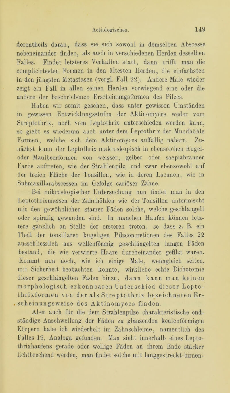 derentheils daran, dass sie sich sowohl in demselben Abscesse nebeneinander finden, als auch in verschiedenen Herden desselben Falles. Findet letzteres Verhalten statt, dann trifft man die complicirtesten Formen in den ältesten Herden, die einfachsten in den jüngsten Metastasen (vergl. Fall 22). Andere Male wieder zeigt ein Fall in allen seinen Herden vorwiegend eine oder die andere der beschriebenen Erscheinungsformen des Pilzes. Haben wir somit gesehen, dass unter gewissen Umständen in gewissen Entwicklungsstufen der Aktinomyces weder vom Streptothrix, noch vom Leptothrix unterschieden werden kann, so giebt es wiederum auch unter dem Leptothrix der Mundhöhle Formen, welche sich dem Aktinomyces auffällig nähern. Zu- nächst kann der Leptothrix makroskopisch in ebensolchen Kugel- oder Maulbeerformen von weisser, gelber oder saepiabrauner Farbe auftreten, wie der Strahlenpilz, und zwar ebensowohl auf der freien Fläche der Tonsillen, wie in deren Lacunen, wie in Submaxillarabscessen im Gefolge cariöser Zähne. Bei mikroskopischer Untersuchung nun findet man in den Leptothrixmassen der Zahnhöhlen wie der Tonsillen untermischt mit den gewöhnlichen starren Fäden solche, welche geschlängelt oder spiralig gewunden sind. In manchen Haufen können letz- tere gänzlich an Stelle der ersteren treten, so dass z. B. ein Theil der tonsillaren kugeligen Pilzconcretionen des Falles 22 ausschliesslich aus wellenförmig geschlängelten langen Fäden bestand, die wie verwirrte Haare durcheinander gefilzt waren. Kommt nun noch, wie ich einige Male, wenngleich selten, mit Sicherheit beobachten konnte, wirkliche echte Dichotomie dieser geschlängelten Fäden hinzu, dann kann man keinen morphologisch erkennbaren Unterschied dieser Lepto- thrixformen von der als Streptothrix bezeichneten Er- scheinungsweise des Aktinomyces finden. Aber auch für die dem Strahlenpilze charakteristische end- ständige Anschwellung der Fäden zu glänzenden keulenförmigen Körpern habe ich wiederholt im Zahnschleime, namentlich des Falles 19, Analoga gefunden. Man sieht innerhalb eines Lepto- thrixhaufens gerade oder wellige Fäden an ihrem Ende stärker lichtbrechend werden, man findet solche mit langgestreckt-birnen-