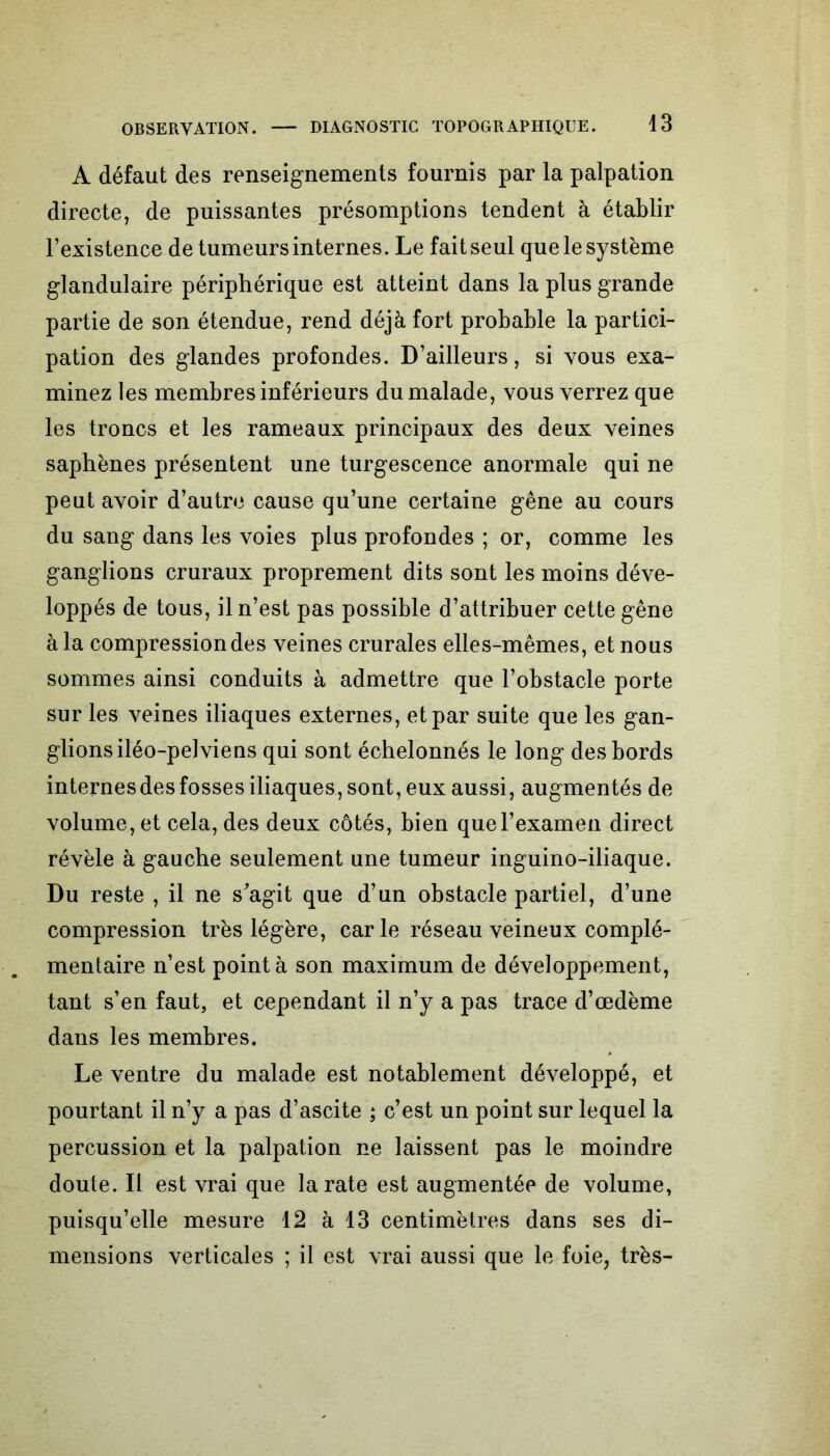 A défaut des renseignements fournis par la palpation directe, de puissantes présomptions tendent à établir l’existence de tumeurs internes. Le fait seul que le système glandulaire périphérique est atteint dans la plus grande partie de son étendue, rend déjà fort probable la partici- pation des glandes profondes. D’ailleurs, si vous exa- minez les membres inférieurs du malade, vous verrez que les troncs et les rameaux principaux des deux veines saphènes présentent une turgescence anormale qui ne peut avoir d’autre cause qu’une certaine gêne au cours du sang dans les voies plus profondes ; or, comme les ganglions cruraux proprement dits sont les moins déve- loppés de tous, il n’est pas possible d’attribuer cette gêne à la compression des veines crurales elles-mêmes, et nous sommes ainsi conduits à admettre que l’obstacle porte sur les veines iliaques externes, et par suite que les gan- glionsiléo-pelviens qui sont échelonnés le long des bords internes des fosses iliaques, sont, eux aussi, augmentés de volume, et cela, des deux côtés, bien que l’examen direct révèle à gauche seulement une tumeur inguino-iliaque. Du reste , il ne s^agit que d’un obstacle partiel, d’une compression très légère, car le réseau veineux complé- mentaire n’est pointa son maximum de développement, tant s’en faut, et cependant il n’y a pas trace d’œdème dans les membres. Le ventre du malade est notablement développé, et pourtant il n’y a pas d’ascite ; c’est un point sur lequel la percussion et la palpation ne laissent pas le moindre doute. Il est vrai que la rate est augmentée de volume, puisqu’elle mesure 12 à 13 centimètres dans ses di- mensions verticales ; il est vrai aussi que le foie, très-