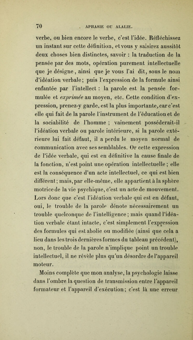 verbe, ou bien encore le verbe, c’est l’idée. Réfléchissez un instant sur cette définition, etvous y saisirez aussitôt deux choses bien distinctes, savoir : la traduction de la pensée par des mots, opération purement intellectuelle que je désigne , ainsi que je vous l’ai dit, sous le nom d’idéation verbale ; puis l’expression de la formule ainsi enfantée par l’intellect : la parole est la pensée for- mulée et exprimée au moyen, etc. Cette condition d’ex- pression, prenez-y garde, est la plus importante, car c’est elle qui fait de la parole l’instrument de l'éducation et de la sociabilité de l’homme ; vainement posséderait-il l’idéation verbale ou parole intérieure, si la parole exté- rieure lui fait défaut, il a perdu le moyen normal de communication avec ses semblables. Or cette expression de l’idée verbale, qui est en définitive la cause finale de la fonction, n’est point une opération intellectuelle ; elle est la conséquence d’un acte intellectuel, ce qui est bien différent; mais,par elle-même, elle appartient à la sphère motrice de la vie psychique, c'est un acte de mouvement. Lors donc que c’est l’idéation verbale qui est en défaut, oui, le trouble de la parole dénote nécessairement un trouble quelconque de l’intelligence; mais quand l’idéa- tion verbale étant intacte, c’est simplement l’expression des formules qui est abolie ou modifiée (ainsi que cela a lieu dans les trois dernières formes du tableau précédent), non, le trouble de la parole n’implique point un trouble intellectuel, il ne révèle plus qu'un désordre de l’appareil moteur. Moins complète que mon analyse, la psychologie laisse dans l’ombre la question de transmission entre l'appareil formateur et l’appareil d’exécution; c’est là une erreur