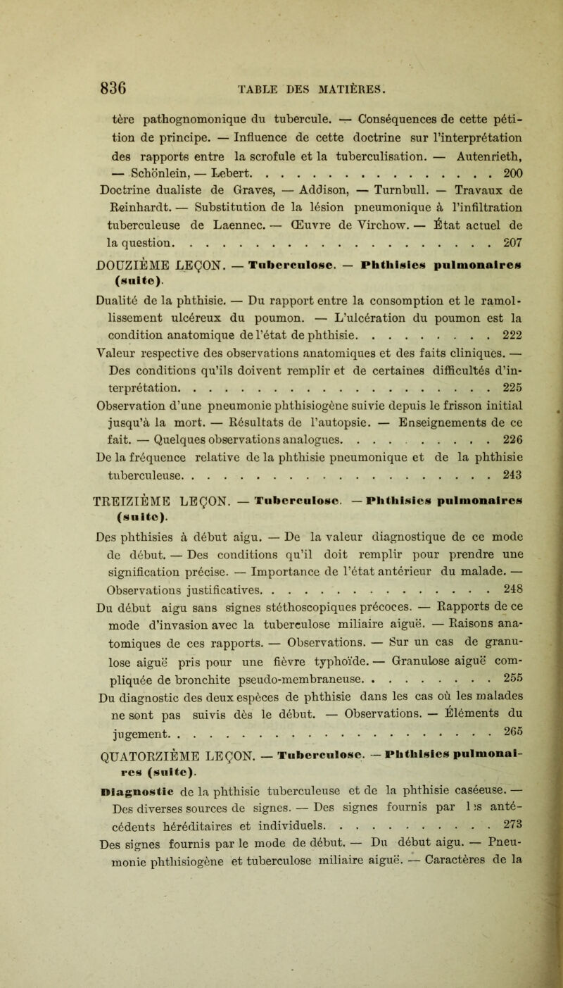tère pathognomonique du tubercule. — Conséquences de cette péti- tion de principe. — Influence de cette doctrine sur l’interprétation des rapports entre la scrofule et la tuberculisation. — Autenrieth, — Schonlein, — Lebert 200 Doctrine dualiste de Graves, — Addison, — Turnbull. — Travaux de Reinhardt. — Substitution de la lésion pneumonique à l’infiltration tuberculeuse de Laennec. — Œuvre de Virchow. — État actuel de la question 207 DOUZIÈME LEÇON. — Tuberculose. — Phthisies pulmonaires (suite). Dualité de la phthisie. — Du rapport entre la consomption et le ramol- lissement ulcéreux du poumon. — L’ulcération du poumon est la condition anatomique de l’état de phthisie 222 Valeur respective des observations anatomiques et des faits cliniques. — Des conditions qu’ils doivent remplir et de certaines difficultés d’in- terprétation 225 Observation d’une pneumonie phthisiogène suivie depuis le frisson initial jusqu’à la mort. — Résultats de l’autopsie. — Enseignements de ce fait. — Quelques observations analogues. ... 226 De la fréquence relative de la phthisie pneumonique et de la phthisie tuberculeuse 243 TREIZIÈME LEÇON. —Tuberculose. — Phthisies pulmonaires (suite). Des phthisies à début aigu. — De la valeur diagnostique de ce mode de début. — Des conditions qu’il doit remplir pour prendre une signification précise. — Importance de l’état antérieur du malade. — Observations justificatives 248 Du début aigu sans signes stéthoscopiques précoces. — Rapports de ce mode d’invasion avec la tuberculose miliaire aiguë. — Raisons ana- tomiques de ces rapports. — Observations. — Sur un cas de granu- lose aiguë pris pour une fièvre typhoïde. — Granulose aiguë com- pliquée de bronchite pseudo-membraneuse 255 Du diagnostic des deux espèces de phthisie dans les cas où les malades ne sont pas suivis dès le début. — Observations. — Éléments du jugement 265 QUATORZIÈME LEÇON. — Tuberculose. — Phthisies pulmonai- res (suite). Diagnostic de la phthisie tuberculeuse et de la phthisie caséeuse. — Des diverses sources de signes. — Des signes fournis par 1 ;s anté- cédents héréditaires et individuels 273 Des signes fournis par le mode de début. — Du début aigu. — Pneu- monie phthisiogène et tuberculose miliaire aiguë. — Caractères de la