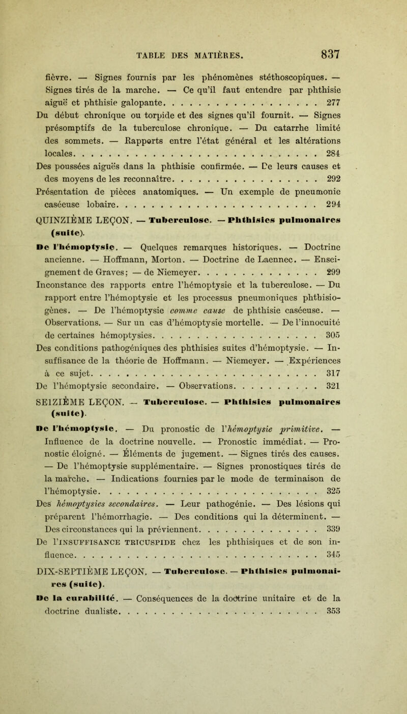 fièvre. — Signes fournis par les phénomènes stéthoscopiques. — Signes tirés de la marche. — Ce qu’il faut entendre par phthisie aiguë et phthisie galopante 277 Du début chronique ou torpide et des signes qu’il fournit. — Signes présomptifs de la tuberculose chronique. — Du catarrhe limité des sommets. — Kapports entre l’état général et les altérations locales 284 Des poussées aiguës dans la phthisie confirmée. — Ce leurs causes et des moyens de les reconnaître 292 Présentation de pièces anatomiques. — Un exemple de pneumonie caséeuse lobaire 294 QUINZIÈME LEÇON. — Tuberculose. — Plitliisies pulmonaires (suite). De l’hémoptyslçs. — Quelques remarques historiques. — Doctrine ancienne. — Hoffmann, Morton. — Doctrine deLaennec. — Ensei- gnement de Graves; — de Niemeyer 299 Inconstance des rapports entre l’hémoptysie et la tuberculose. — Du rapport entre l’hémoptysie et les processus pneumoniques phthisio- gènes. — De l’hémoptysie comme cause de phthisie caséeuse. — Observations. — Sur un cas d’hémoptysie mortelle. — De l’innocuité de certaines hémoptysies 305 Des conditions pathogéniques des phthisies suites d’hémoptysie. — In- suffisance de la théorie de Hoffmann. — Niemeyer. — Expériences à ce sujet 317 De l’hémoptysie secondaire. — Observations 321 SEIZIÈME LEÇON. — Tuberculose. — Phthisies pulmonaires (suite). De l’hémoptysie. — Du pronostic de Y hémoptysie primitive. — Influence de la doctrine nouvelle. — Pronostic immédiat. — Pro- nostic éloigné. — Eléments de jugement. — Signes tirés des causes. — De l’hémoptysie supplémentaire. — Signes pronostiques tirés de la marche. — Indications fournies par le mode de terminaison de l’hémoptysie 325 Des hémoptysies secondaires. — Leur pathogénie. — Des lésions qui préparent l’hémorrhagie. — Des conditions qui la déterminent. — Des circonstances qui la préviennent 339 De I’insuffisA-NCE TRTCUSPIDE chez les phthisiques et de son in- fluence 345 DIX-SEPTIÈME LEÇON. — Tuberculose. — Phthisies pulmonai- res (suite). De la curabilité. — Conséquences de la doctrine unitaire et de la doctrine dualiste 353