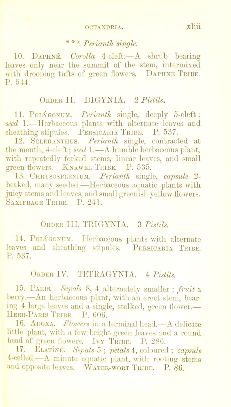 * * * Perianth single. 10. Daphn& Corolla 4-cleft.—A shrub bearing leaves only near the summit of the stem, intermixed with drooping tufts of green flowers. Daphne Tribe. P. 544. Order II. DIGYXIA. 2 Pistils. 11. Polygonum. Perianth single, deeply 5-cleft; seed 1.—Herbaceous plants with alternate leaves and sheathing stipules. Persicaria Tribe. P. 537. 12. Scleranthus. Perianth single, contracted at the mouth, 4-cleft; seed 1.—A humble herbaceous plant, with repeatedly forked stems, linear leaves, and small green flowers. Iynawel Tribe. P. 535. 13. Chrysosplenium. Perianth single, capsule 2- beaked, many seeded.—Herbaceous aquatic plants with juicy stems and leaves, and small greenish yellow flowers. Saxifrage Tribe. P. 241. Order III. TP1GYXIA. 3 Pistils. 14. Polygonum. Herbaceous plants with alternate leaves and sheathing stipules. Persicaria Tribe. P. 537. Order IV. TETEAGYXIA. 4 Pistils. 15. Paris. Sepals 8, 4 alternately smaller; fruit a berry.—An herbaceous plant, with an erect stem, bear- ing 4 large leaves and a single, stalked, green flower.— Herb-Paris Tribe. P. GOG. 16. Adoxa. Flowers in a terminal head.—A delicate little plant, with a few bright green leaves and a round head of green flowers. Ivy Tribe. P. 28G. 17. Ml a tin A Sepals 5 ; petals 4, coloured ; capsule 4-celled.—A minute aquatic plant, with rooting stems and opposite leaves. Water-wort Tribe. P. 86.