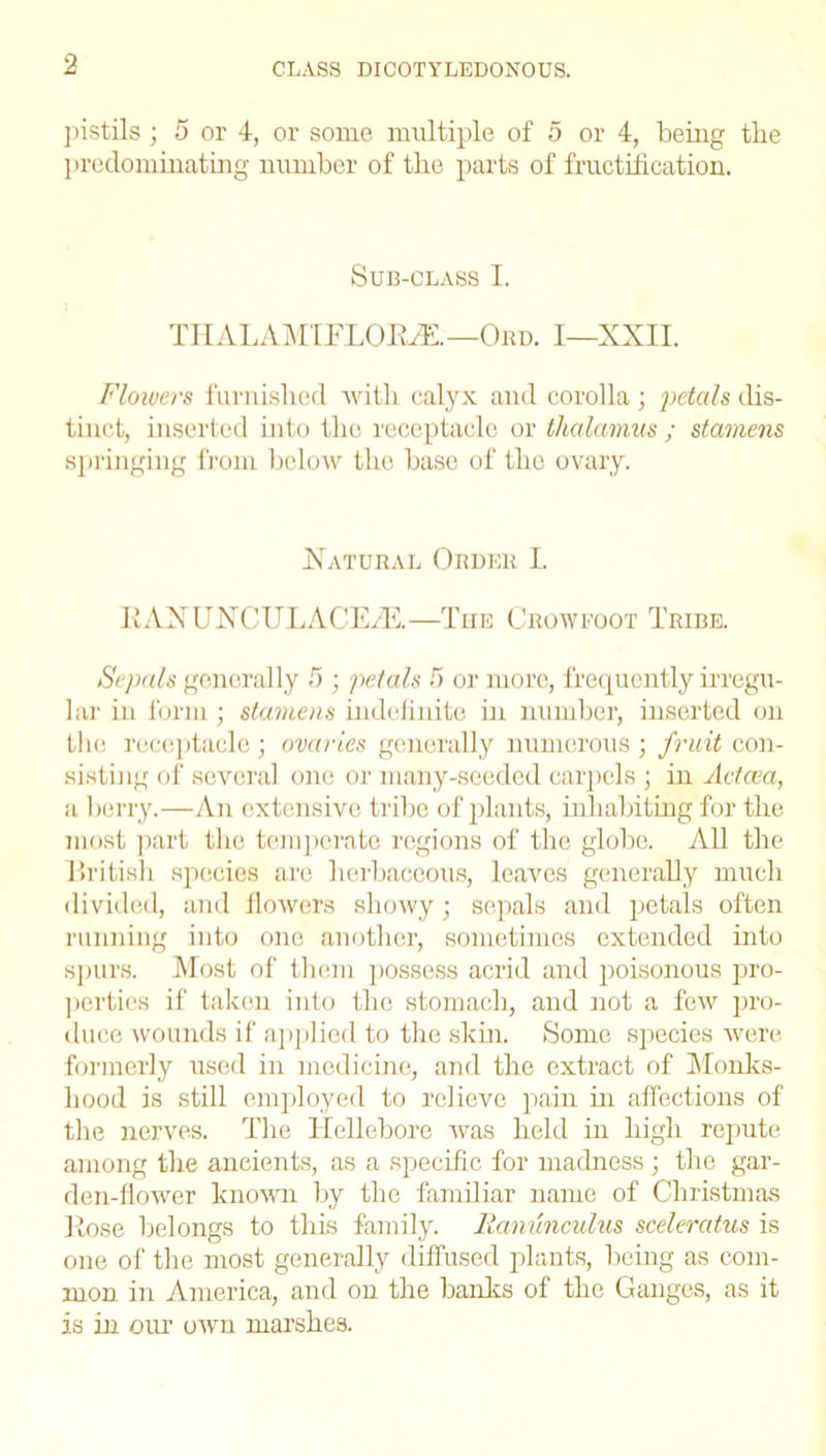 CLASS DICOTYLEDONOUS. pistils; 5 or 4, or some multiple of 5 or 4, being the predominating number of the parts of fructification. Sub-class I. THALAMIFLOR2E.—Ord. I—XXII. Flowers furnished with calyx and corolla ; petals dis- tinct, inserted into the receptacle or thalamus ; stamens springing from below the base of the ovary. Natural Order I. EANUNCULACE/E.—The Crowfoot Tribe. Sepals generally 5 ; petals 5 or more, frequently irregu- lar in form ; stamens indefinite in number, inserted on the receptacle ; ovaries generally numerous ; fruit con- sisting of several one or many-seeded carpels ; in Adcea, a berry.—An extensive tribe of plants, inhabiting for the most part the temperate regions of the globe. All the British species are herbaceous, leaves generally much divided, and flowers showy; sepals and petals often running into one another, sometimes extended into spurs. Most of them possess acrid and poisonous pro- perties if taken into the stomach, and not a few pro- duce wounds if applied to the skin. Some species were formerly used in medicine, and the extract of Monks- hood is still employed to relieve pain in affections of the nerves. The Hellebore was held in high repute among the ancients, as a specific for madness ; the gar- den-flower known by the familiar name of Christmas Rose belongs to this family. Ranunculus sceleratus is one of the most generally diffused plants, being as com- mon in America, and on the banks of the Ganges, as it is in our own marshes.