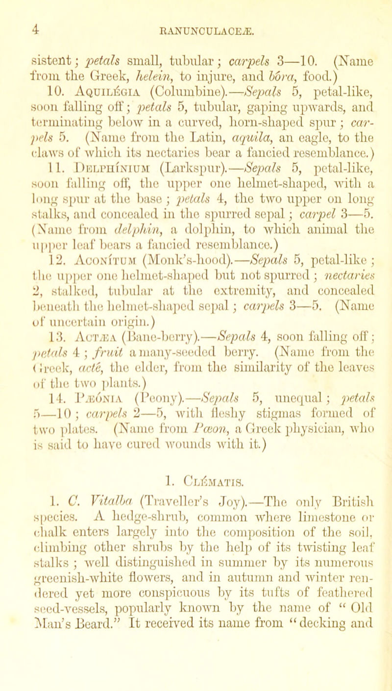 sistent; ‘petals small, tubular; carpels 3—10. (Name from the Greek, helein, to injure, and bora, food.) 10. AquiiAgia (Columbine).—Sepals 5, petal-like, soon falling off; petals 5, tubular, gaping upwards, and terminating below in a curved, horn-shaped spur ; car- pels 5. (Name from the Latin, aquila, an eagle, to the claws of which its nectaries bear a fancied resemblance.) 11. Delphinium (Larkspur).—Sepals 5, petal-like, soon falling off, the upper one helmet-shaped, with a long spur at the base ; petals 4, the two upper on long stalks, and concealed in the spurred sepal; carpel 3—5. (Name from delphin, a dolphin, to which animal the upper leaf bears a fancied resemblance.) 12. Aconitum (Monk’s-hood).—Sepals 5, petal-like; the upper one helmet-shaped but not spurred; nectaries 2, stalked, tubular at the extremity, and concealed beneath the helmet-shaped sepal; carpels 3—5. (Name of uncertain origin.) 13. Acta;a (Bane-berry).—Sepals 4, soon falling off; petals 4 ; fruit a many-seeded berry. (Name from the < Jreek, acte, the elder, from the similarity of the leaves of the two plants.) 14. L.uonia (Peony).—Sepals 5, unequal; petals 5—10 ; carpels 2—5, w i 111 ilcsliy stigmas formed of two plates. (Name from Pceon, a Greek physician, who is said to have cured wounds with it.) 1. Clematis. 1. C. Vitalba (Traveller’s Joy).—The only British species. A hedge-shrub, common where limestone fir chalk enters largely into the composition of the soil, climbing other shrubs by the help of its twisting leaf stalks ; well distinguished in summer by its numerous greenish-white flowers, and in autumn and winter ren- dered yet more conspicuous by its tufts of feathered seed-vessels, popularly known by the name of “ Old Man’s Beard.” It received its name from “ decking and