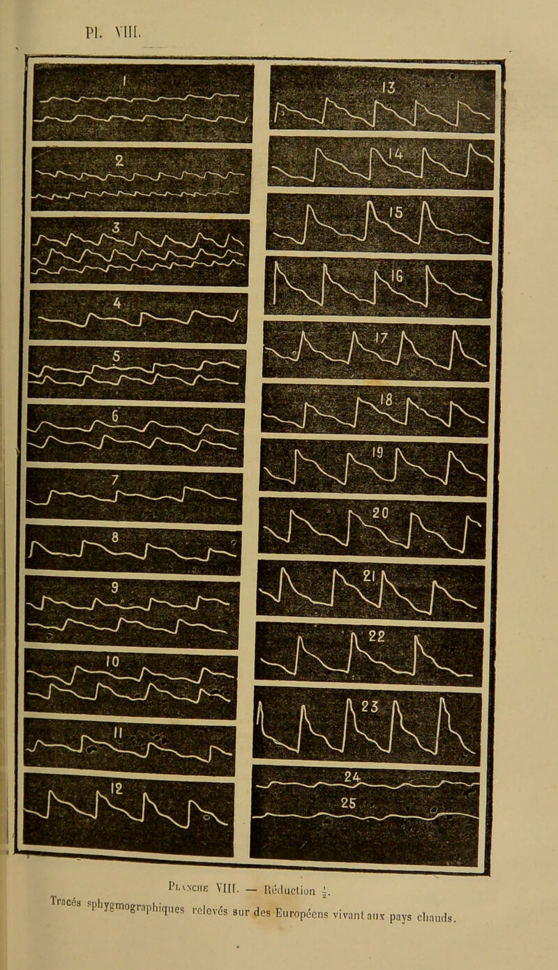 PI. VIII. Pmnciie Vin. — Réduction i. Tracés sphygmographiques relev és sur des Européens vivant aux pays clmuds.