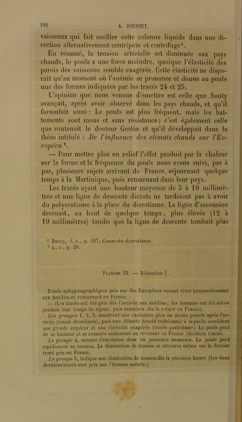 ■vaisseaux qui fait osciller cette colonne liquide dans une di- rection alternativement centripète et centrifuge1. En résume, la tension artérielle est diminuée aux pays chauds, le pouls a une force moindre, quoique l’élasticité des parois des vaisseaux semble exagérée. Cette élasticité ne dispa- raît qu’au moment où l’anémie se prononce et donne au pouls une des formes indiquées par les tracés 24 et 25. L’opinion que nous venons d’émettre est celle que Souty avançait, après avoir observé dans les pays chauds, et qu’il formulait ainsi : Le pouls est plus fréquent, mais les bat- tements sont mous et sans résistance; c’est également celle que soutenait le docteur Gestin et qu’il développait dans la thèse intitulé : De l'influence des climats chauds sur l'Eu- ropéen 2. — Pour mettre plus en relief l’effet produit par la chaleur sur la forme et la fréquence du pouls nous avons suivi, pas à pas, plusieurs sujets arrivant de France, séjournant quelque temps à la Martinique, puis retournant dans leur pays. Les tracés ayant une hauteur moyenne de 5 à 10 millimè- tres et une ligne de descente dicrote ne tardaient pas à avoir du polycrotisme à la place du dicrotisme. La ligne d’ascension devenait, au bout de quelque temps, plus élevée (12 à 19 millimètres) tandis que la ligne de descente tombait plus 1 Marey, /. c., p. 207. Cause du dicrotisme. - L.c., p. 20. Planche IX. — Réduction {. Tracés sphygmographiques pris sur des Européens venant vivre temporairement aux Antilles et retournant en France. — (Les tracés ont été pris dès l’arrivée aux Antilles; les hommes ont été suivis pendant leur temps de séjour, puis examinés dès le retour en France). Les groupes 1, 2, 5, montrent une excitation plus ou moins grande après l’ar- rivée (tracés deuxièmes), puis une détente (tracés troisièmes) à laquelle succèdent une grande ampleur et une élasticité exagérée (tracés quatrième4). Le pouls perd de sa hauteur et se resserre seulement en revenant en France (derniers tracés). Le groupe 4, montre l’excitation dans les premiers moments. Le pouls perd rapidement sa tension. La diminution de tension se retrouve même sur le dernier tracé pris en France. Le groupe 5, indique une diminution de tension dès la première heure (Les deux derniers tracés sont pris sur l’homme malade.)