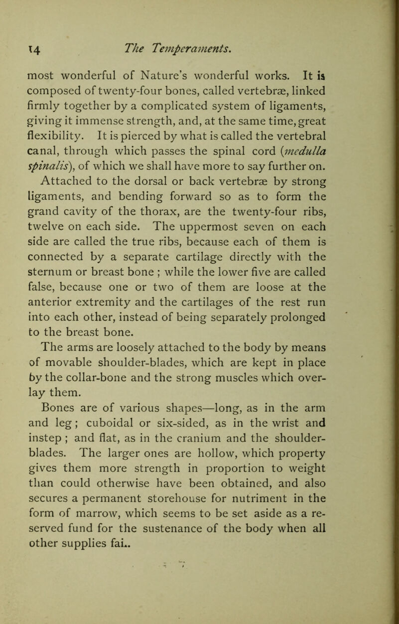 most wonderful of Nature’s wonderful works. It ia composed of twenty-four bones, called vertebrae, linked firmly together by a complicated system of ligaments, giving it immense strength, and, at the same time, great flexibility. It is pierced by what is called the vertebral canal, through which passes the spinal cord {inedulla spinalis')^ of which we shall have more to say further on. Attached to the dorsal or back vertebrae by strong ligaments, and bending forward so as to form the grand cavity of the thorax, are the twenty-four ribs, twelve on each side. The uppermost seven on each side are called the true ribs, because each of them is connected by a separate cartilage directly with the sternum or breast bone ; while the lower five are called false, because one or two of them are loose at the anterior extremity and the cartilages of the rest run into each other, instead of being separately prolonged to the breast bone. The arms are loosely attached to the body by means of movable shoulder-blades, which are kept in place by the collar-bone and the strong muscles which over- lay them. Bones are of various shapes—long, as in the arm and leg; cuboidal or six-sided, as in the wrist and instep ; and flat, as in the cranium and the shoulder- blades. The larger ones are hollow, which property gives them more strength in proportion to weight than could otherwise have been obtained, and also secures a permanent storehouse for nutriment in the form of marrow, which seems to be set aside as a re- served fund for the sustenance of the body when all other supplies fan.