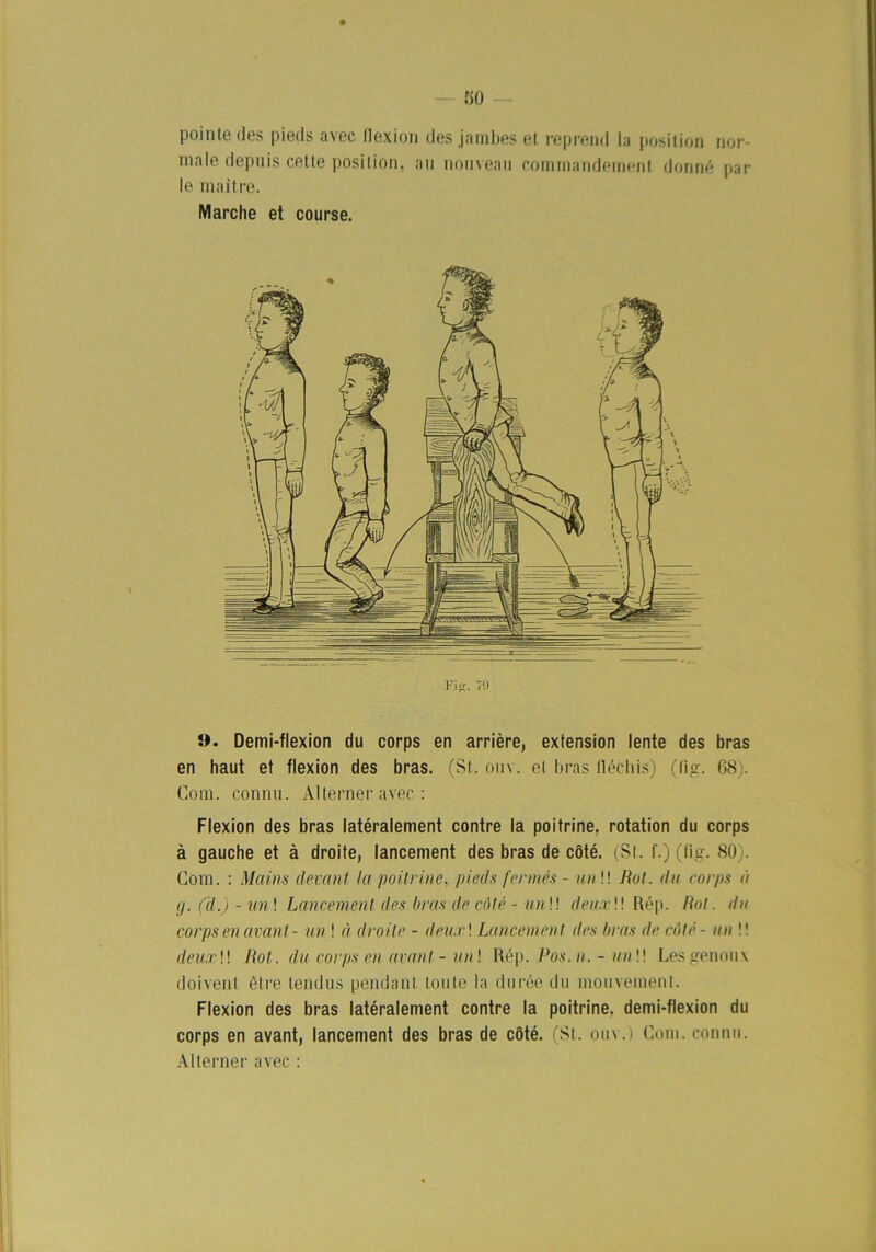 pointedes pieds avec (lexion des jambes el reprend la position nor- male depuis cetle posilion. au noirveau commandemenl donné par- le maitre. Marche et course. FifC. 70 9. Demi-flexion du corps en arriére, extension lente des bras en haut et flexion des bras. (St. ouv. et bras fléchis) (fig. 68). Com. connu. Alterner avec : Flexion des bras latéralement contre la poitrine. rotation du corps å gauche et å droite, lancement des bras de cöté. (Sl. f.) (fig. 80). Com. : Mains devant la poitrine, pieds fennés - un !! Rot. du corps u (j.(d.)-un\ Lancement des bras de cöté - un!! deu.r!! Rép. Rot. du corps en avan t - un ! ä droite - deux\ Lancement des bras de cöté- un !! deuxW Rot. du corps en avanl - un\ Rép.Pos.n.-un\\ Lesgenoux doivent élre lendus pendant ton te la durée du mouvemenl. Flexion des bras latéralement contre la poitrine. demi-flexion du corps en avant, lancement des bras de cöté. (St. ouv.) Com. connu. Alterner avec :