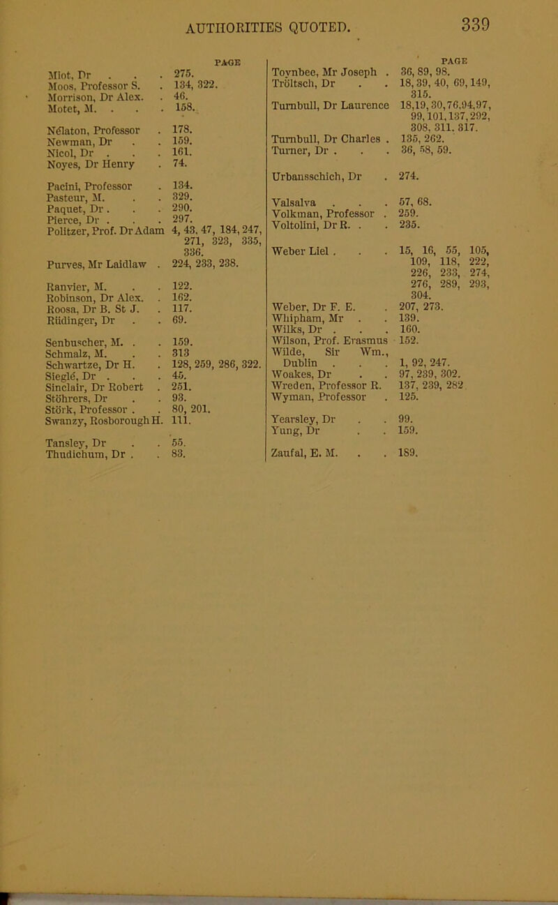 AUTHORITIES QUOTED, Mot, Pr . Moos, Professor S. Morrison, Dr Alex. Motet, M. . Ndlaton, Professor Newman, Dr Nicol, Dr . Noyes, Dr Henry Pacini, Professor Pasteur, M. Paquet, Dr. Pierce, Dr . Politzer, Prof. Dr Adam Purves, Mr Laidlaw . Ranvier, M. Robinson, Dr Alex. . Roosa, Dr B. St J. Riidinger, Dr Senbuscher, M. . Scbmalz, M. Schwartze, Dr H. Siegle, Dr . Sinclair, Dr Robert . Stohrers, Dr Stork, Professor . Swanzy, Rosborough H. Tansley, Dr Thudichum, Dr . PAGE PAGE 275. Toynbee, Mr Joseph . 36, 89, 98. 134, 322. Troltsch, Dr 18,39, 40, 69,149 46. 315. 158. Turnbull, Dr Laurence 18,19,30,76,94,97 99,101,137,292 178. 308, 311. 317. 159. Turnbull, Dr Charles . 135, 262. 161. 74. Turner, Dr . 36, 58, 59. 134. Urbansschich, Dr 274. 329. 290. 297. 4, 43. 47, 184,247, 271, 323, 335, Valsalva 57, 68. Volkman, Professor . 259. Voltolini, Dr R. . 235. 336. Weber Liel . 15, 16, 55, 105, 224, 233, 238. 109, 118, 222, 226, 233, 274, 122. 276, 2S9, 293, 162. 304. 117. Weber, Dr F. E. 207, 273. 69. Whipham, Mr 139. Wilks, Dr . 160. 159. Wilson, Prof. Erasmus 152. 313 Wilde, Sir Wm., 128, 259, 286, 322. Dublin 1, 92, 247. 45. Woalces, Dr Wreden, Professor R. 97, 239, 302. 251. 137, 239, 282. no 80| 201. Wyman, Professor 125. 111. Yearsley, Dr 99. 55. Yung, Dr 159.