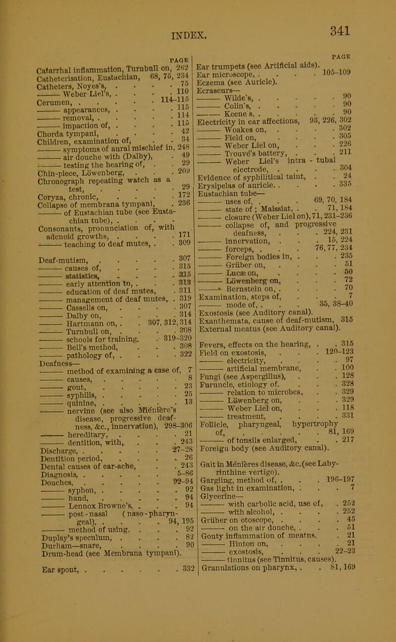 PAGE Catarrhal inflammation, Turnbull on, 262 Catheterisation, Eustachian, 68, 75, 234 Catheters, Noyes’s, Weber Liel's, Cerumen, . appearances, removal, . impaction of, Chorda tympani, Children, examination of, . 75 . 110 114-115 . 115 . Ill . 115 . 42 34 symptoms of aural mischief in, 248 - air douche with (Dalby), - testing the hearing of, 49 29 209 29 172 236 Chin-piece, Lowenberg, . Chronograph repeating watch as a test, Coryza, chronic, . Collapse of membrana tympani, of Eustachian tube (see Eusta- chian tube), . . . • Consonants, pronunciation of, with adenoid growths, . . . • *71 teaching to deaf mutes, . . 309 307 315 315 313 . 311 , 319 . 307 . 314 PAGE Ear trumpets (see Artificial aids). Ear microscope, .... 105-109 Eczema (see Auricle). Ecraseurs— Wilde’s 90 Colin’s, 90 90 93, 226, 302 302 Deaf-mutism, .... causes of, statistics, early attention to, . education of deaf mutes, management of deaf mutes, Cassells on, Dalby on, Hartmann on, . . 307,312,314 Turnbull on, . - - • 308 schools for training. . 319-320 • Bell’s method, . - . 308 pathology of, . . • • 322 Deafness— method of examining a case of, causes, Rout, syphilis, ..... quinine, nervine (see also Midnibre’s disease, progressive deaf- ness, &c., innervation), 298-306 hereditary, 21 dentition, with, . . . 243 Discharge, 27-28 Dentition period, .. . . .26 Dental causes of ear-ache, . . 243 Diagnosis, ..... 5-86 Douches, ..... 92-94 syphon, 92 hand, . . . . .94 Lennox Browne's, . . .94 post-nasal ( naso - pharyn- geal), . . . .94, 195 method of using, . . .92 Duplay’s speculum 82 Durham—snare, . . . .90 Drum-head (see Membrana tympani). Keene's, . Electricity in ear affections, Woakes on, Field on, .... 305 Weber Liel on, . . • 226 Trouvd’s battery, . . • 211 Weber Liel’s intra - tubal electrode, . . . • 304 Evidence of syphilitical taint, . . 24 Erysipelas of auricle, .... 335 Eustachian tube— uses of, . . • i 70, 184 state of; Maissiat, . . 71,184 • closure (Weber Liel on), 71,231—236 collapse of, and progressive deafness, innervation, . forceps, . Foreign bodies in, Gruber on, Lucaeon, Lowenberg on, *- Bernstein on, . Examination, steps of, mode of, . 224, 231 . 15, 224 76, 77, 234 . 235 . 51 . 50 . 72 . 70 . 7 _ 35, 38-40 Exostosis (see Auditory canal). Exanthemata, cause of deaf-mutism, 315 External meatus (see Auditory canal). Fevers, effects on the hearing, Field on exostosis, electricity, artificial membrane, Fungi (see Aspergillus), Furuncle, etiology of. relation to microbes, Lowenberg on, -—■—- Weber Liel on, treatment, Follicle, pharyngeal, of, of tonsils enlarged, . 315 120-123 . 97 . 100 . 128 . 328 . 329 . 329 . 118 . 331 hypertrophy 81, 169 . 217 Ear spout, 332 Foreign body (see Auditory canal). Gait in Mbnibres disease, &c.(see Laby- rinthine vertigo). Gargling, method of, . . . 196-197 Gas light in examination, ... 7 Glycerine— with carbolic acid, use of, . 252 with alcohol, .... 252 Gruber on otoscope 45 on the air douche, . . .51 Gouty inflammation of meatns. . 21 Hinton on, . . .21 exostosis, . . . 22-23 tinnitus (see Tinnitus, causes). Granulations on pharynx, . .81,169