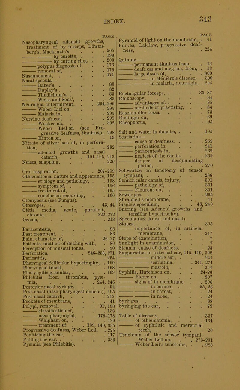 PAGE Nasopharyngeal adenoid growths, treatment of, by forceps, Ldwen- berg’s, Mackenzie's by curette, . - by cutting ring, . polypus diagnosis of, removal of, Nasonnement, Nasal specula— Baber’s . Duplay’s . Thudichum’s, . Weiss and Sons’, Neuralgia, intermittent, Weber Liel on, Malaria in, ... Nervine deafness, Woakes on, . Weber Liel on (see Pro- gressive deafness, tinnitus,), - Hinton on, 205 199 203 17G 176 171 . 83 . 82 . 83 83 294-296 . 295 . 295 . 298 302 298 19 . 252 Nitrate of silver use of, in perfora- tion, adenoid growths and nasal catarrh, . . 191-195, 213 Noises, snapping, .... 226 Oral respiration, . . . 207-209 Othmmatoma, nature and appearance, 155 etiology and pothology, . . 158 symptom of, . . . . 156 — treatment of, . . . . 165 conclusion regarding, . . 166 Otomycosis (see Fungus). Otoscopes, 43, 44 Otitis media, acute, purulent, chronic, 222-272 Ozasna, 213 Paracentesis, 98 Past treatment, 86 Pain, character of, 26-27 Patients, method of dealing with, . 86 Perception of musical tones, . . 30 Perforation, . . . 246-253, 271 Periostitis, 254 Pharyngeal follicular hypertrophy, . 169 Pharyngeal tonsil, .... 168 Pharyngitis granular, .... 169 Phlebitis from thrombus, pyae- mia, 244, 246 Posterior nasal syringe, . . .94 Post-nasal (naso-pharyngeal douche), 195 Post-nasal catarrh, Pockets of membrane, Polypi, removal, classification of, naso-pharyngeal, Whipham on, . treatment of, . 212 . 41 . 91, 138 . 138 . 17G-178 . 139 139, 140, 335 Progressive deafness, Weber Leil, . 225 Poulticing the ear, .... 117 Pulling the ear, 333 Pyaemia (see Phlebitis). PAGE Pyramid of light on the membrane, . 41 Purves, Laidlaw, progressive deaf- ness, . ' 224 Quinine— permanent tinnitus from, . 13 deafness and megrim, from, . 13 large doses of, ... 300 in Mdnihre’s disease, . 300 in malaria, neuralgia, . 294 Rectangular forceps, . 33, 87 Rhinoscopy, .... . 84 advantages of, . . 85 methods of practising, . . 84 Roscnmuller fossa, . 73 Rudinger on, ... . 69 Rheophorus, .... . 95 Salt and water in douche, . . 195 Scarlatina— cause of deafness, . . 269 perforation in, . 241 paracentesis in, . 269 neglect of the ear in, . 269 danger of desquamating period, . . . . . 270 Schwartze on tenotomy of tensor tympani, . 286 Semicircular canals, injury, . 301 pathology of, . . 301 Flourens on, . 301 Sewer gas, . 295 Shrapnell’s membrane, . 41 Siegle’s speculum, 46, 240 Snoring (see Adenoid growths and tonsillar hypertrophy). Specula (see Aural and nasal). Stapes, 305 importance of, in artificial membrane, . . 247 Steps of examination, . 7 Sunlight in examination, . . 7 Struma, cause of deafness, . 23 Suppuration in external ear, 115, 119, 328 middle ear, . . 241 ——- scarlatina, . 241, 271 mastoid, 254 Syphilis, Hutchison on, 24-26 Pierce on, . 297 signs of in membrane, . 296 in cornea, . 25, 26 in throat, . 24 in nose, . 24 Syringes, .... . 88 Syringing the ear, . 79 Table of diseases, . 337 of othiematoma, . 164 of syphilitic and mercurial teeth, . . 26 Tenotomy of the tensor tympani, Weber Leil on, . . 273-291 Weber Leil’s tenotome, . . 283