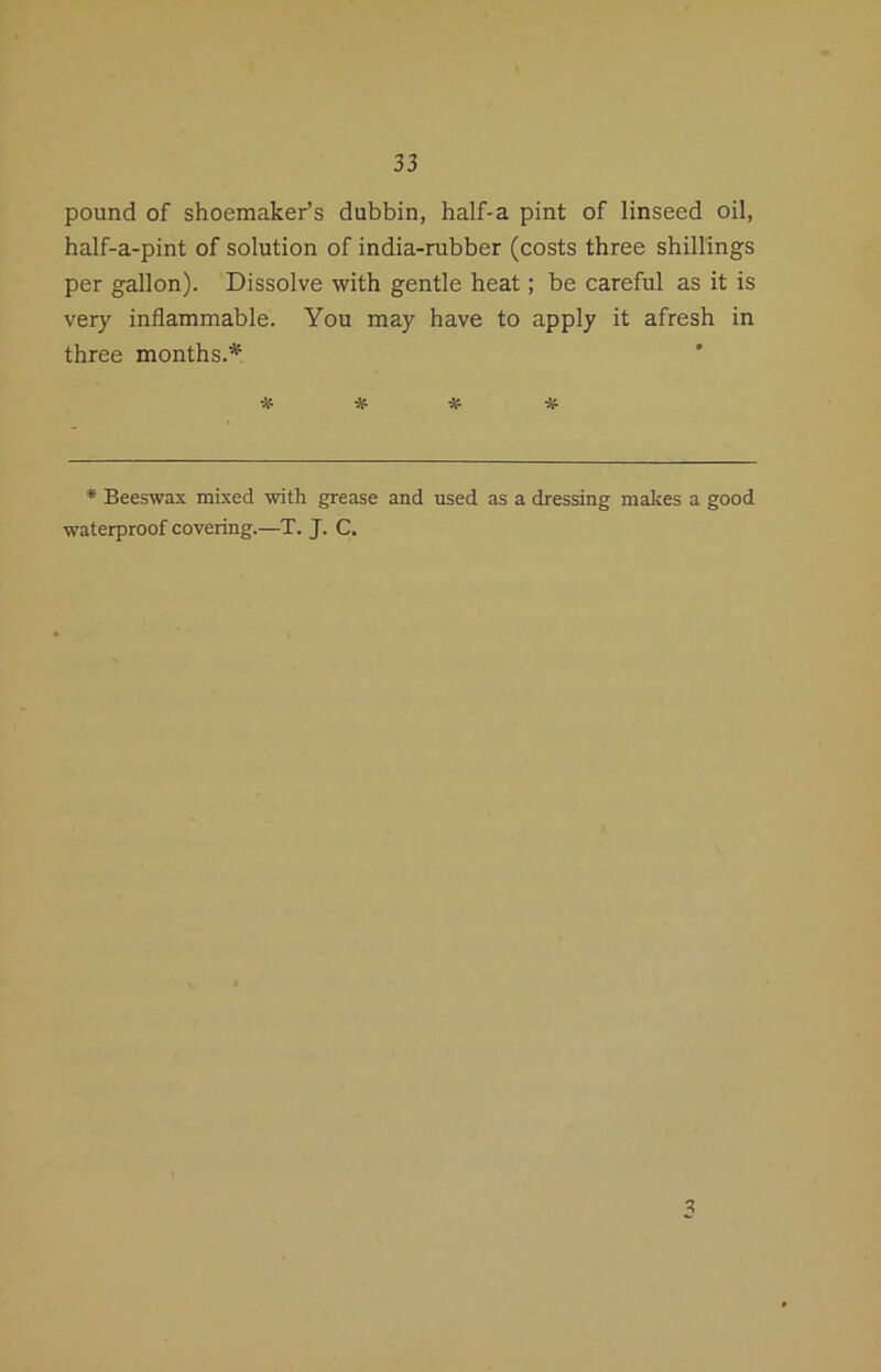 pound of shoemaker’s dubbin, half-a pint of linseed oil, half-a-pint of solution of india-rubber (costs three shillings per gallon). Dissolve with gentle heat; be careful as it is very inflammable. You may have to apply it afresh in three months.* * * # # * Beeswax mixed with grease and used as a dressing makes a good waterproof covering.—T. J. C. 3