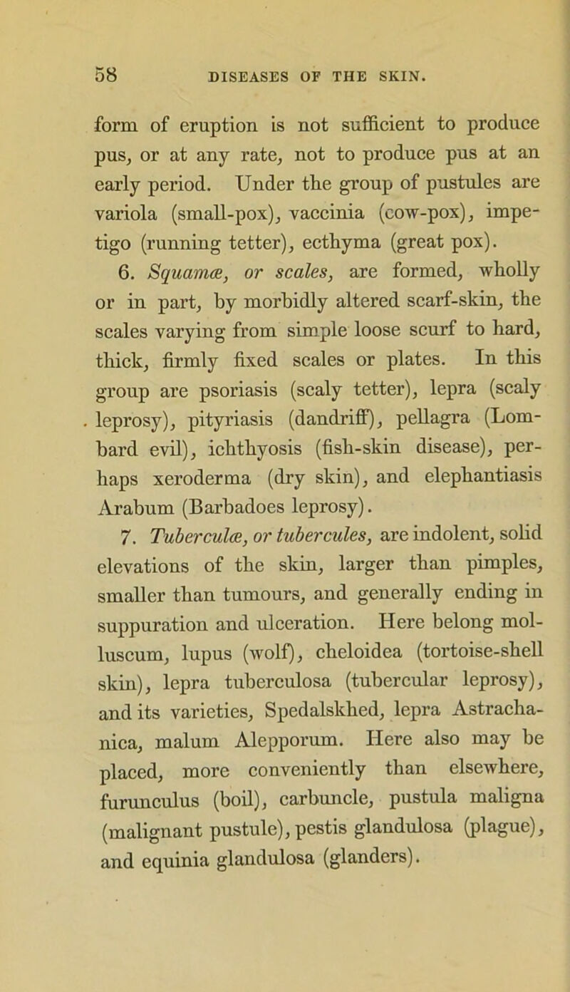 form of eruption is not sufficient to produce pus, or at any rate, not to produce pus at an early period. Under the group of pustules are variola (small-pox), vaccinia (cow-pox), impe- tigo (running tetter), ecthyma (great pox). 6. Squamae, or scales, are formed, wholly or in part, by morbidly altered scarf-skin, the scales varying from simple loose scurf to hard, thick, firmly fixed scales or plates. In this group are psoriasis (scaly tetter), lepra (scaly leprosy), pityriasis (dandriff), pellagra (Lom- bard evil), ichthyosis (fish-skin disease), per- haps xeroderma (dry skin), and elephantiasis Arabum (Barbadoes leprosy). 7. Tuberculce, or tubercules, are indolent, solid elevations of the skin, larger than pimples, smaller than tumours, and generally ending in suppuration and ulceration. Here belong mol- luscum, lupus (wolf), cheloidea (tortoise-shell skin), lepra tuberculosa (tubercular leprosy), audits varieties, Spedalskhed, lepra Astracha- nica, malum Alepporum. Here also may he placed, more conveniently than elsewhere, furunculus (boil), carbuncle, pustula maligna (malignant pustule), pestis glandulosa (plague), and equinia glandulosa (glanders).