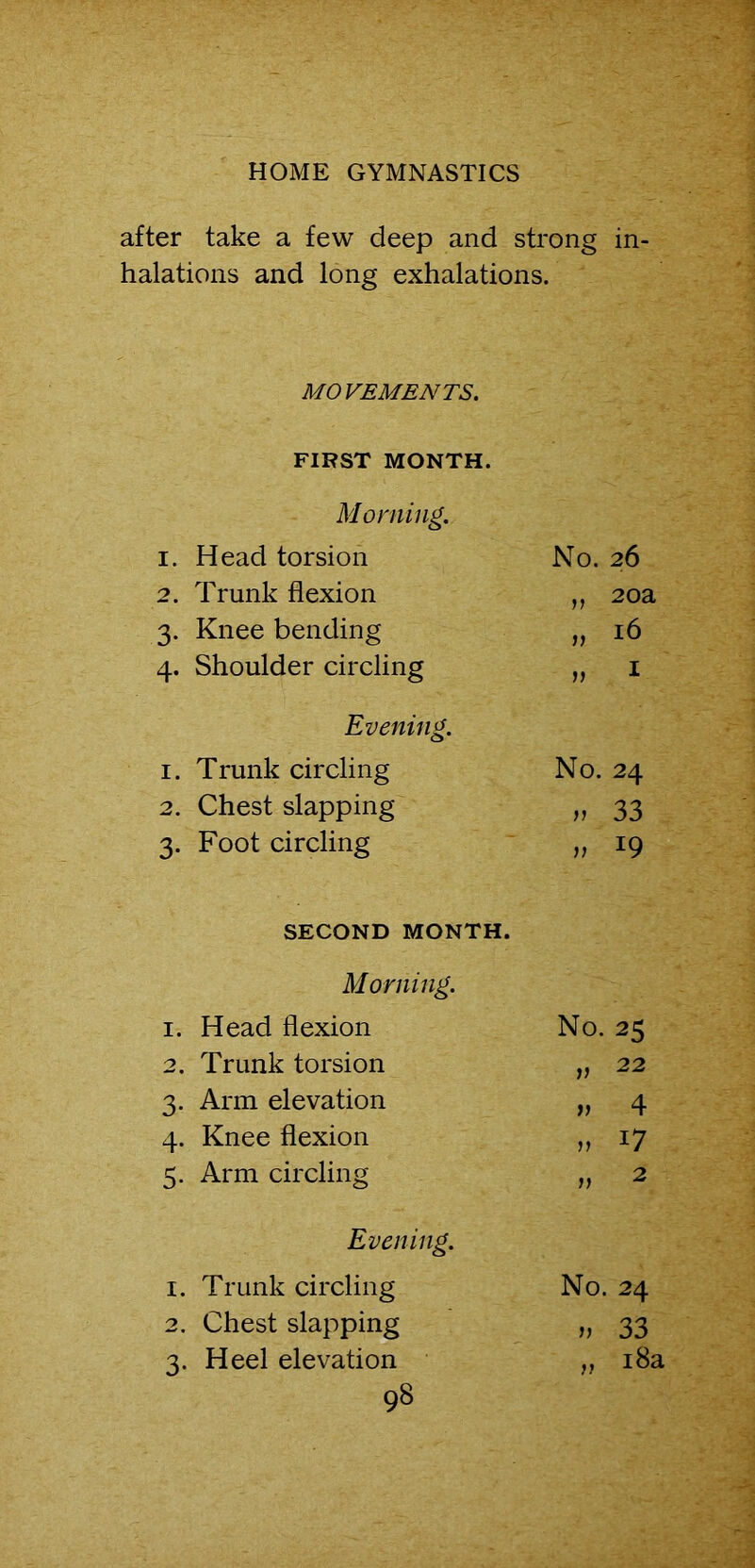 after take a few deep and strong in- halations and long exhalations. MOVEMENTS. FIRST MONTH. Morning. i. Head torsion No. 26 2. Trunk flexion „ 20a 3. Knee bending » 16 4. Shoulder circling » 1 Evening. 1. Trunk circling No. 24 2. Chest slapping >> 33 3. Foot circling SECOND MONTH. Morning. 1. Head flexion No. 25 2. Trunk torsion „ 22 3. Arm elevation » 4 4. Knee flexion » i7 5. Arm circling >> 2 Evening. 1. Trunk circling No. 24 2. Chest slapping » 33 3. Heel elevation „ 18a