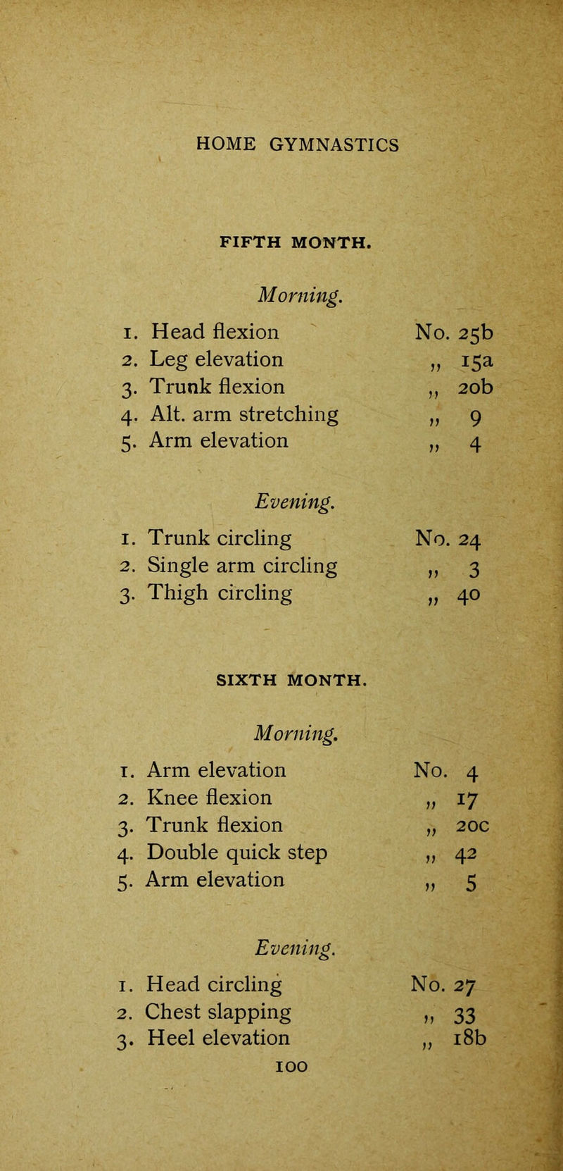 FIFTH MONTH. Morning. 1. Head flexion 2. Leg elevation 3. Trunk flexion 4. Alt. arm stretching 5. Arm elevation No. 25b „ 20b » 9 »> 4 Evening. 1. Trunk circling 2. Single arm circling 3. Thigh circling No. 24 n 3 » 40 SIXTH MONTH. Morning. 1. Arm elevation 2. Knee flexion 3. Trunk flexion 4. Double quick step 5. Arm elevation No. 4 » 17 „ 20c » 42 » 5 Evening. 1. Head circling 2. Chest slapping 3. Heel elevation 100 No. 27 » 33 „ 18b