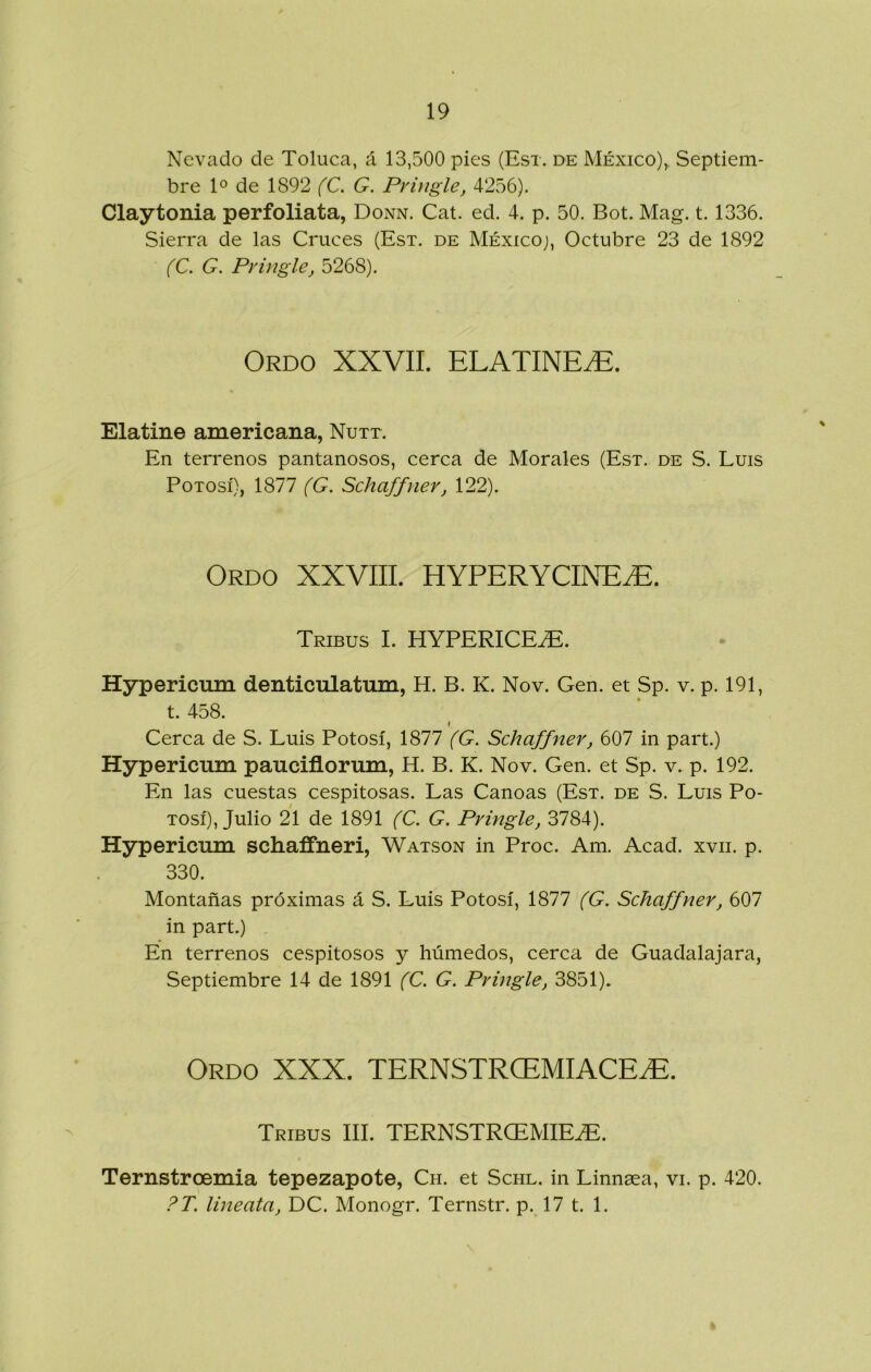 Nevado de Toluca, á 13,500 pies (Esx. de México),. Septiem- bre 1° de 1892 (C. G. Pvhigle, 4256). Claytonia perfoliata, Donn. Cat. ed. 4. p. 50. Bot. Mag. 1.1336. Sierra de las Cruces (Est. de México;, Octubre 23 de 1892 (C. G. Pvingle, 5268). Ordo XXVII. ELATINE^. Elatine americana, Nutt. En terrenos pantanosos, cerca de Morales (Est. de S. Luis Potosí), 1877 (G. Schaffner, 122). Ordo XXVIIL HYPERYCINE^. Tribus I. HYPERICE^. Hypericum denticulatum, H. B. K. Nov. Gen. et Sp. v. p. 191, t. 458. « Cerca de S. Luis Potosí, 1877 (G. Schaffner, 607 in part.) Hypericum pauciflorum, H. B. K. Nov. Gen. et Sp. v. p. 192. En las cuestas cespitosas. Las Canoas (Est. de S. Luis Po- tosí), Julio 21 de 1891 (C. G. Pvingle, 3784). Hypericum schaffneri, Watson in Proc. Am. Acad. xvii. p. 330. Montañas próximas á S. Luis Potosí, 1877 (G. Schaffner, 607 in part.) . En terrenos cespitosos y húmedos, cerca de Guadalajara, Septiembre 14 de 1891 (C. G. Pringle, 3851). Ordo XXX. TERNSTROEMIACE^. Tribus III. TERNSTRCEMIE^. Ternstroemia tepezapote, Cu. et Schl. in Linnaea, vi. p. 420. ?T. linéala, DC. Monogr. Ternstr. p. 17 t. 1.