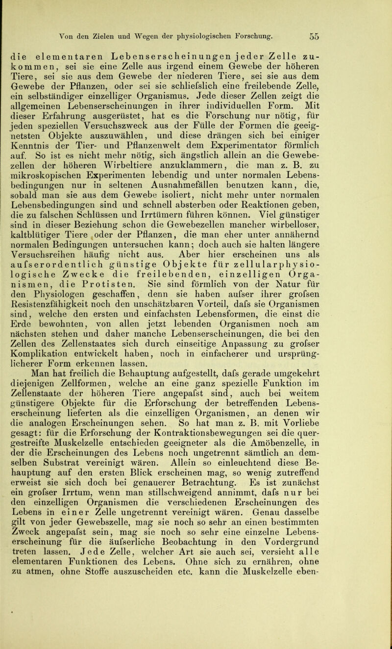 die elementaren Lebenserscheinungen jeder Zelle zu- komm en, sei sie eine Zelle aus irgend einem Gewebe der höheren Tiere, sei sie aus dem Gewebe der niederen Tiere, sei sie aus dem Gewebe der Pflanzen, oder sei sie schliefslich eine freilebende Zelle, ein selbständiger einzelliger Organismus. Jede dieser Zellen zeigt die allgemeinen Lebenserscheinungen in ihrer individuellen Form. Mit dieser Erfahrung ausgerüstet, hat es die Forschung nur nötig, für jeden speziellen Versuchszweck aus der Fülle der Formen die geeig- netsten Objekte auszuwählen, und diese drängen sich bei einiger Kenntnis der Tier- und Pflanzenwelt dem Experimentator förmlich auf. So ist es nicht mehr nötig, sich ängstlich allein an die Gewebe- zellen der höheren Wirbeltiere anzuklammern, die man z. B. zu mikroskopischen Experimenten lebendig und unter normalen Lebens- bedingungen nur in seltenen Ausnahmefällen benutzen kann, die, sobald man sie aus dem Gewebe isoliert, nicht mehr unter normalen Lebensbedingungen sind und schnell absterben oder Reaktionen geben, die zu falschen Schlüssen und Irrtümern führen können. Viel günstiger sind in dieser Beziehung schon die Gewebezellen mancher wirbelloser, kaltblütiger Tiere oder der Pflanzen, die man eher unter annähernd normalen Bedingungen untersuchen kann; doch auch sie halten längere Versuchsreihen häufig nicht aus. Aber hier erscheinen uns als aufserordentlich günstige Objekte für zellularphysio- logische Zwecke die freilebenden, einzelligen Orga- nismen, die Protisten. Sie sind förmlich von der Natur für den Physiologen geschaffen, denn sie haben aufser ihrer grofsen Resistenzfähigkeit noch den unschätzbaren Vorteil, dafs sie Organismen sind, welche den ersten und einfachsten Lebensformen, die einst die Erde bewohnten, von allen jetzt lebenden Organismen noch am nächsten stehen und daher manche Lebenserscheinungen, die bei den Zellen des Zellenstaates sich durch einseitige Anpassung zu grofser Komplikation entwickelt haben, noch in einfacherer und ursprüng- licherer Form erkennen lassen. Man hat freilich die Behauptung aufgestellt, dafs gerade umgekehrt diejenigen Zellformen, welche an eine ganz spezielle Funktion im Zellenstaate der höheren Tiere angepafst sind, auch bei weitem günstigere Objekte für die Erforschung der betreffenden Lebens- erscheinung lieferten als die einzelligen Organismen, an denen wir die analogen Erscheinungen sehen. So hat man z. B. mit Vorliebe gesagt: für die Erforschung der Kontraktionsbewegungen sei die quer- gestreifte Muskelzelle entschieden geeigneter als die Amöbenzelle, in der die Erscheinungen des Lebens noch ungetrennt sämtlich an dem- selben Substrat vereinigt wären. Allein so einleuchtend diese Be- hauptung auf den ersten Blick erscheinen mag, so wenig zutreffend erweist sie sich doch bei genauerer Betrachtung. Es ist zunächst ein grofser Irrtum, wenn man stillschweigend annimmt, dafs nur bei den einzelligen Organismen die verschiedenen Erscheinungen des Lebens in einer Zelle ungetrennt vereinigt wären. Genau dasselbe gilt von jeder Gewebszelle, mag sie noch so sehr an einen bestimmten Zweck angepafst sein, mag sie noch so sehr eine einzelne Lebens- erscheinung für die äufserliche Beobachtung in den Vordergrund treten lassen. Jede Zelle, welcher Art sie auch sei, versieht alle elementaren Funktionen des Lebens. Ohne sich zu ernähren, ohne zu atmen, ohne Stoffe auszuscheiden etc. kann die Muskelzelle eben-