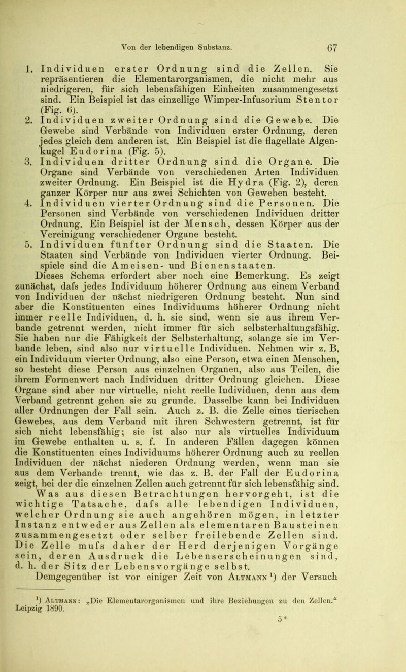 1. Individuen erster Ordnung sind die Zellen. Sie repräsentieren die Elementarorganismen, die nicht mehr aus niedrigeren, für sich lebensfähigen Einheiten zusammengesetzt sind. Ein Beispiel ist das einzellige Wimper-Infusorium Stentor (Fig. 0). _ 2. Individuen zweiter Ordnung sind die Gewebe. Die Gewebe sind Verbände von Individuen erster Ordnung, deren jedes gleich dem anderen ist. Ein Beispiel ist die flagellate Algen- kugel Eudorina (Fig. 5). 3. Individuen dritter Ordnung sind die Organe. Die Organe sind Verbände von verschiedenen Arten Individuen zweiter Ordnung. Ein Beispiel ist die Hydra (Fig. 2), deren ganzer Körper nur aus zwei Schichten von Geweben besteht. 4. Individuen vierter Ordnung sind die Personen. Die Personen sind Verbände von verschiedenen Individuen dritter Ordnung. Ein Beispiel ist der Mensch, dessen Körper aus der Vereinigung verschiedener Organe besteht. 5. Individuen fünfter Ordnung sind die Staaten. Die Staaten sind Verbände von Individuen vierter Ordnung. Bei- spiele sind die Ameisen- und Bienenstaaten. Dieses Schema erfordert aber noch eine Bemerkung. Es zeigt zunächst, dafs jedes Individuum höherer Ordnung aus einem Verband von Individuen der nächst niedrigeren Ordnung besteht. Nun sind aber die Konstituenten eines Individuums höherer Ordnung nicht immer reelle Individuen, d. h. sie sind, wenn sie aus ihrem Ver- bände getrennt werden, nicht immer für sich selbsterhaltungsfähig. Sie haben nur die Fähigkeit der Selbsterhaltung, solange sie im Ver- bände leben, sind also nur virtuelle Individuen. Nehmen wir z. B. ein Individuum vierter Ordnung, also eine Person, etwa einen Menschen, so besteht diese Person aus einzelnen Organen, also aus Teilen, die ihrem Formenwert nach Individuen dritter Ordnung gleichen. Diese Organe sind aber nur virtuelle, nicht reelle Individuen, denn aus dem Verband getrennt gehen sie zu gründe. Dasselbe kann bei Individuen aller Ordnungen der Fall sein. Auch z. B. die Zelle eines tierischen Gewebes, aus dem Verband mit ihren Schwestern getrennt, ist für sich nicht lebensfähig; sie ist also nur als virtuelles Individuum im Gewebe enthalten u. s. f. In anderen Fällen dagegen können die Konstituenten eines Individuums höherer Ordnung auch zu reellen Individuen der nächst niederen Ordnung werden, wenn man sie aus dem Verbände trennt, wie das z. B. der Fall der Eudorina zeigt, bei der die einzelnen Zellen auch getrennt für sich lebensfähig sind. Was aus diesen Betrachtungen hervorgeht, ist die wichtige Tatsache, dafs alle lebendigen Individuen, welcher Ordnung sie auch an gehören mögen, in letzter Instanz entweder aus Zellen als elementarenBausteinen zusammengesetzt oder selber freilebende Zellen sind. Die Zelle mufs daher der Herd derjenigen Vorgänge sein, deren Ausdruck die Lebenserscheinungen sind, d. h. der Sitz der Lebensvorgänge selbst. Demgegenüber ist vor einiger Zeit von Altmann der Versuch ’) Altmann: „Die Elementarorganismeii und ihre Beziehungen zu den Zellen.“