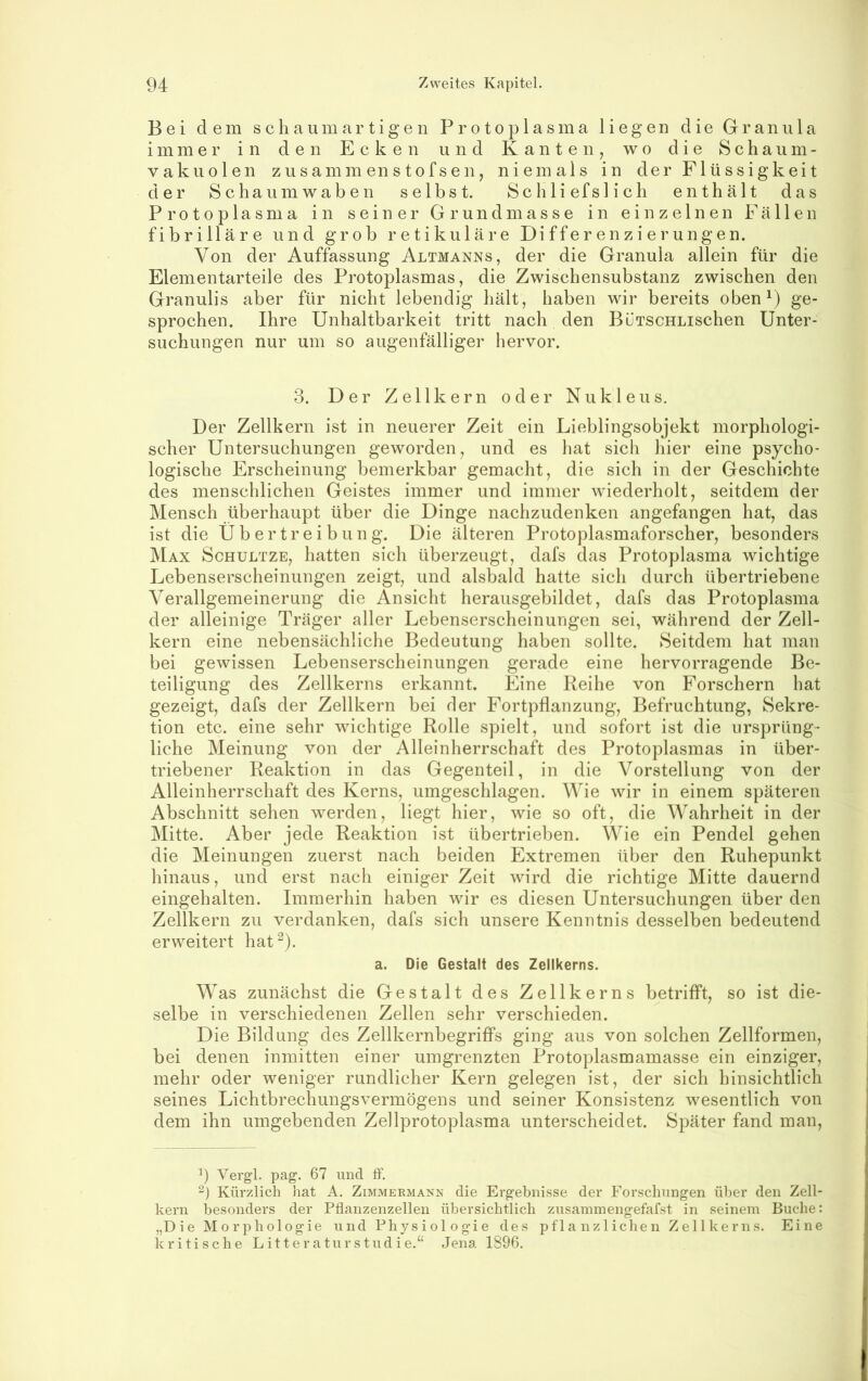 Bei dem sc ha um artigen Protoplasma liegen die Granula immer in den Ecken und Kanten, wo die Schaum- vakuolen zusammenstofsen, niemals in der Flüssigkeit der Schaumwaben selbst. Schliefslich enthält das Protoplasma in seiner Grundmasse in einzelnen Fällen fibrilläre und grob retikuläre Differenzierungen. Von der Auffassung Altmanns, der die Granula allein für die Elementarteile des Protoplasmas, die Zwischensubstanz zwischen den Granulis aber für nicht lebendig hält, haben wir bereits oben^) ge- sprochen. Ihre Unhaltbarkeit tritt nach den BüTSCHLischen Unter- suchungen nur um so augenfälliger hervor. 3. Der Zellkern oder Nukleus. I Der Zellkern ist in neuerer Zeit ein Lieblingsobjekt morphologi- scher Untersuchungen geworden, und es hat sich hier eine psycho- logische Erscheinung bemerkbar gemacht, die sich in der Geschichte des menschlichen Geistes immer und immer wiederholt, seitdem der Mensch überhaupt über die Dinge nachzudenken angefangen hat, das ist die Übertreibung. Die älteren Protoplasmaforscher, besonders ]\Iax Schultze, hatten sich überzeugt, dafs das Protoplasma wichtige Lebenserscheinungen zeigt, und alsbald hatte sich durch übertriebene Verallgemeinerung die Ansicht herausgebildet, dafs das Protoplasma der alleinige Träger aller Lebenserscheinungen sei, während der Zell- kern eine nebensächliche Bedeutung haben sollte. Seitdem hat man bei gewissen Lebenserscheinungen gerade eine hervorragende Be- teiligung des Zellkerns erkannt. Eine Reihe von Forschern hat gezeigt, dafs der Zellkern bei der Fortpflanzung, Befruchtung, Sekre- tion etc. eine sehr wichtige Rolle spielt, und sofort ist die ursprüng- liche Meinung von der Alleinherrschaft des Protoplasmas in über- triebener Reaktion in das Gegenteil, in die Vorstellung von der Alleinherrschaft des Kerns, umgeschlagen. Wie wir in einem späteren Abschnitt sehen werden, liegt hier, wie so oft, die Wahrheit in der Mitte. Aber jede Reaktion ist übertrieben. Wie ein Pendel gehen die Meinungen zuerst nach beiden Extremen über den Ruhepunkt hinaus, und erst nach einiger Zeit wird die richtige Mitte dauernd eingehalten. Immerhin haben wir es diesen Untersuchungen über den Zellkern zu verdanken, dafs sich unsere Kenntnis desselben bedeutend erweitert hat^). a. Die Gestalt des Zellkerns. Was zunächst die Gestalt des Zellkerns betrifft, so ist die- selbe in verschiedenen Zellen sehr verschieden. Die Bildung des Zellkernbegriffs ging aus von solchen Zellformen, bei denen inmitten einer umgrenzten Protoplasmamasse ein einziger, mehr oder weniger rundlicher Kern gelegen ist, der sich hinsichtlich seines Lichtbrechungsvermögens und seiner Konsistenz wesentlich von dem ihn umgebenden Zellprotoplasma unterscheidet. Später fand man. p Vergl. pag. 67 und ff. Kürzlich hat A. Zimmermakn die Ergebnisse der Forschungen über den Zell- kern besonders der Pflanzenzellen übersichtlich zusainmengefafst in seinem Buche: „Die Morphologie und Physiologie des pflanzlichen Zellkerns. Eine kritische L i 11 e r a t ur s tud i e.“ Jena 1896.