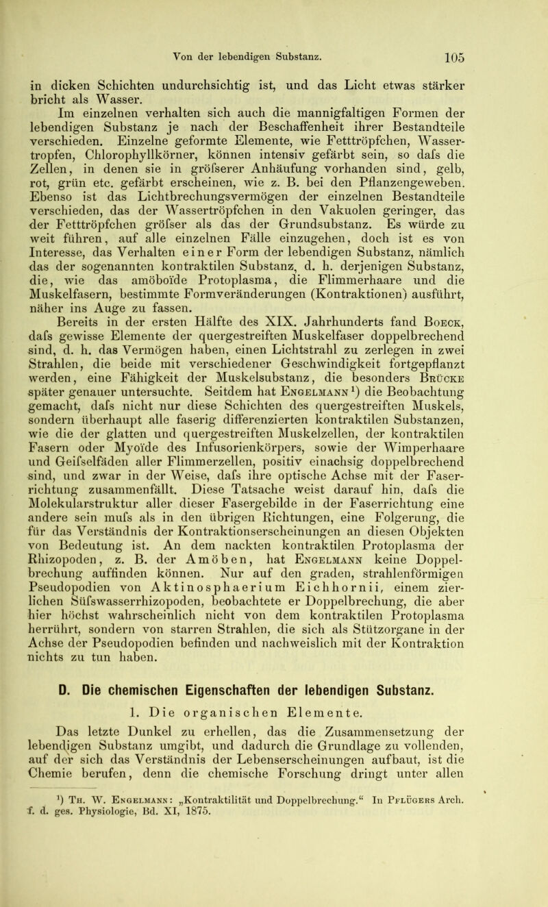 in dicken Schichten undurchsichtig ist, und das Licht etwas stärker bricht als Wasser. Im einzelnen verhalten sich auch die mannigfaltigen Formen der lebendigen Substanz je nach der Beschaffenheit ihrer Bestandteile verschieden. Einzelne geformte Elemente, wie Fetttröpfchen, Wasser- tropfen, Chlorophyllkörner, können intensiv gefärbt sein, so dafs die Zellen, in denen sie in gröfserer Anhäufung vorhanden sind, gelb, rot, grün etc. gefärbt erscheinen, wie z. B. bei den Pflanzengeweben. Ebenso ist das Lichtbrechungsvermögen der einzelnen Bestandteile verschieden, das der Wassertröpfchen in den Vakuolen geringer, das der Fetttröpfchen gröfser als das der Grundsubstanz. Es würde zu weit führen, auf alle einzelnen Fälle einzugehen, doch ist es von Interesse, das Verhalten einer Form der lebendigen Substanz, nämlich das der sogenannten kontraktilen Substanz, d. h. derjenigen Substanz, die, wie das amöboide Protoplasma, die Flimmerhaare und die Muskelfasern, bestimmte Formveränderungen (Kontraktionen) ausführt, näher ins Auge zu fassen. Bereits in der ersten Hälfte des XIX. Jahrhunderts fand Boeck, dafs gewisse Elemente der quergestreiften Muskelfaser doppelbrechend sind, d. h. das Vermögen haben, einen Lichtstrahl zu zerlegen in zwei Strahlen, die beide mit verschiedener Geschwindigkeit fortgepflanzt werden, eine Fähigkeit der Muskelsubstanz, die besonders Brücke später genauer untersuchte. Seitdem hat Engelmann die Beobachtung gemacht, dafs nicht nur diese Schichten des quergestreiften Muskels, sondern überhaupt alle faserig differenzierten kontraktilen Substanzen, wie die der glatten und quergestreiften Muskelzellen, der kontraktilen Fasern oder Myoide des Infusorienkörpers, sowie der Wimperhaare und Geifselfäden aller Flimmerzellen, positiv einachsig doppelbrechend sind, und zwar in der Weise, dafs ihre optische Achse mit der Faser- richtung zusammenfällt. Diese Tatsache weist darauf hin, dafs die Molekularstruktur aller dieser Fasergebilde in der Faserrichtung eine andere sein mufs als in den übrigen Richtungen, eine Folgerung, die für das Verständnis der Kontraktionserscheinungen an diesen Objekten von Bedeutung ist. An dem nackten kontraktilen Protoplasma der Rhizopoden, z. B. der Amöben, hat Engelmann keine Doppel- brechung auffinden können. Nur auf den graden, strahlenförmigen Pseudopodien von Aktinosphaerium Eichhornii, einem zier- lichen Süfswasserrhizopoden, beobachtete er Doppelbrechung, die aber hier höchst wahrscheinlich nicht von dem kontraktilen Protoplasma herrührt, sondern von starren Strahlen, die sich als Stützorgane in der Achse der Pseudopodien befinden und nachweislich mit der Kontraktion nichts zu tun haben. D. Die chemischen Eigenschaften der lebendigen Substanz. 1. Die organischen Elemente. Das letzte Dunkel zu erhellen, das die Zusammensetzung der lebendigen Substanz umgibt, und dadurch die Grundlage zu vollenden, auf der sich das Verständnis der Lebenserscheinungen auf baut, ist die Chemie berufen, denn die chemische Forschung dringt unter allen Th. W. Engelmann : „Kontraktilität und Dop^jelbrechung.“ In Pflügers Arch. f. d. ges. Physiologie, Bd. XI, 1875.
